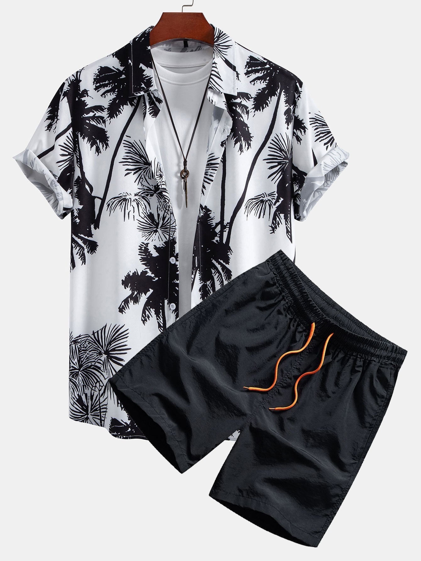 Palm Trees Print Button Up Shirt & Man Mid Length Drawstring Swim Shorts