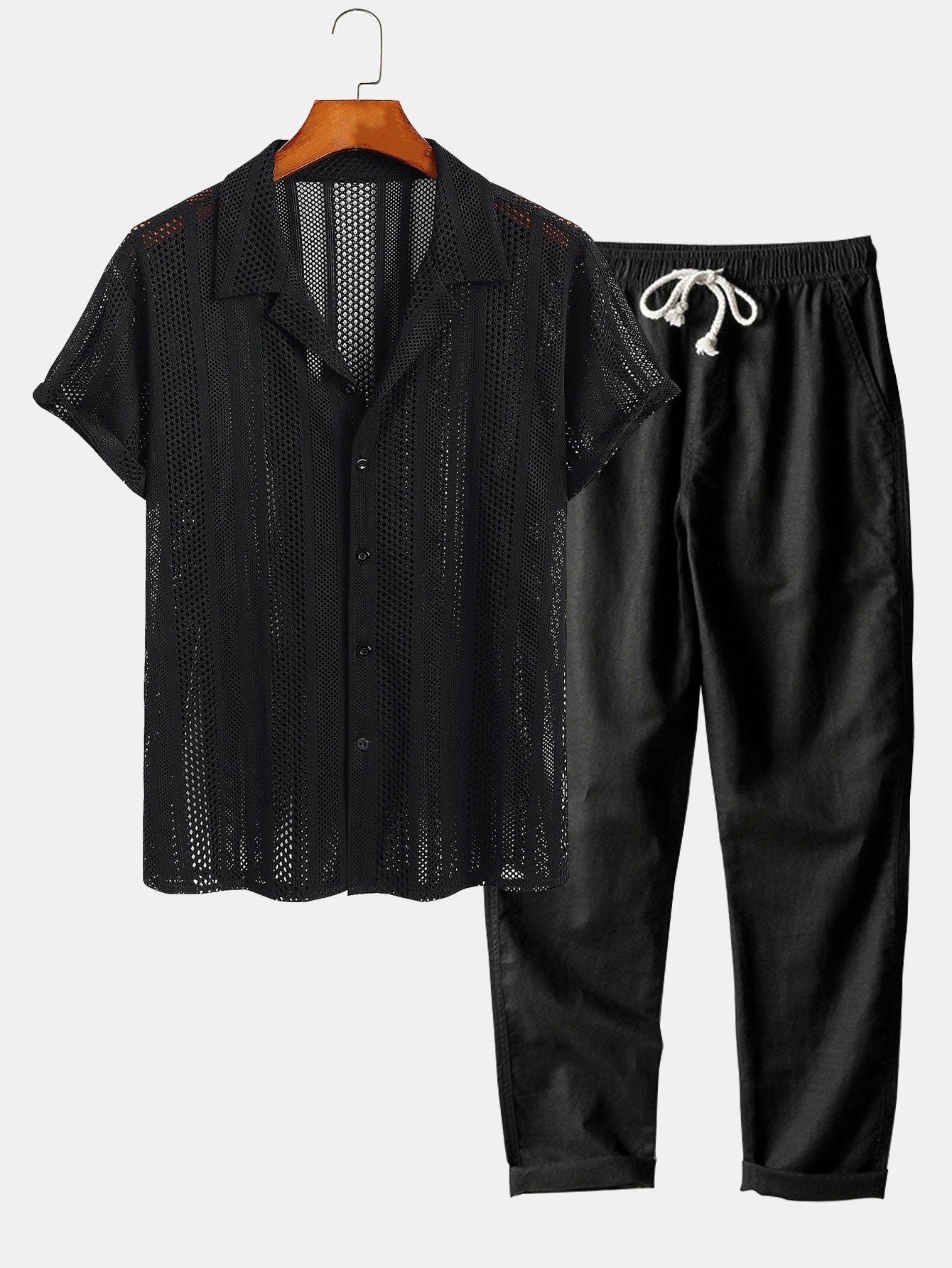 Mesh Textured Shirt & Straight Leg Linen Pants