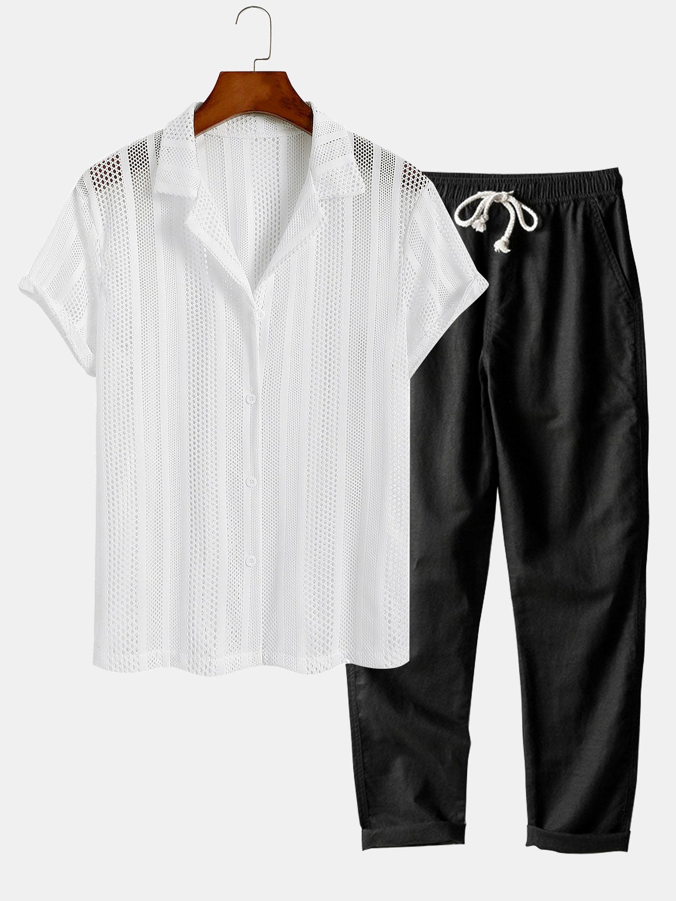 Mesh Textured Shirt & Straight Leg Linen Pants