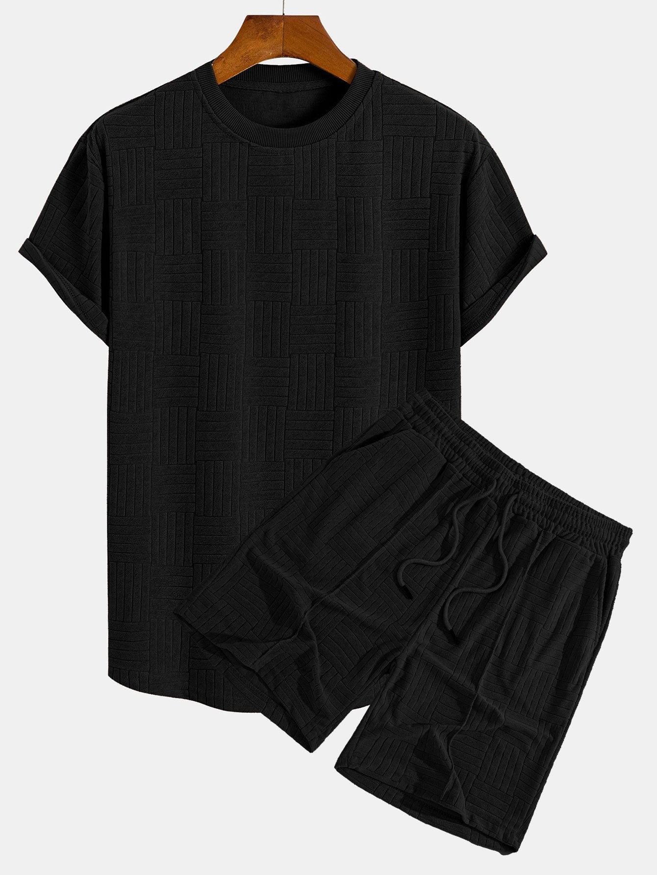 Striped Towelling Texture Arc Hem T-Shirt & Shorts