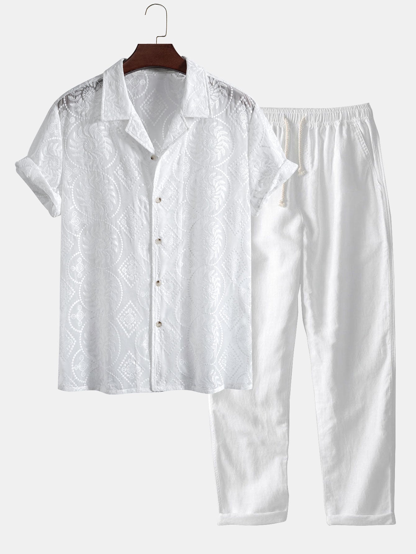 Embroidered Floral Cuban Shirt & Straight Leg Linen Pants