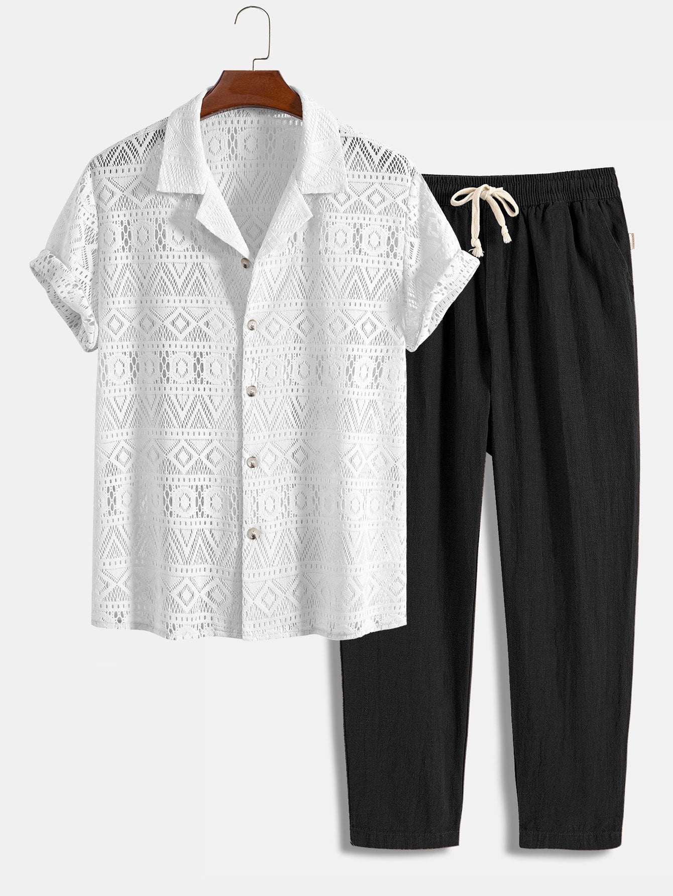 Short Sleeve Geometry Textured Cuban Shirt & Linen Cotton Blend Cropped Pants