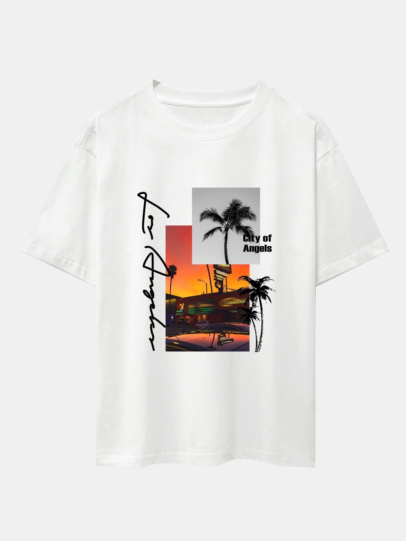 Los Angeles Scenery Print Drop Shoulder Oversize T-Shirt & Swim Shorts