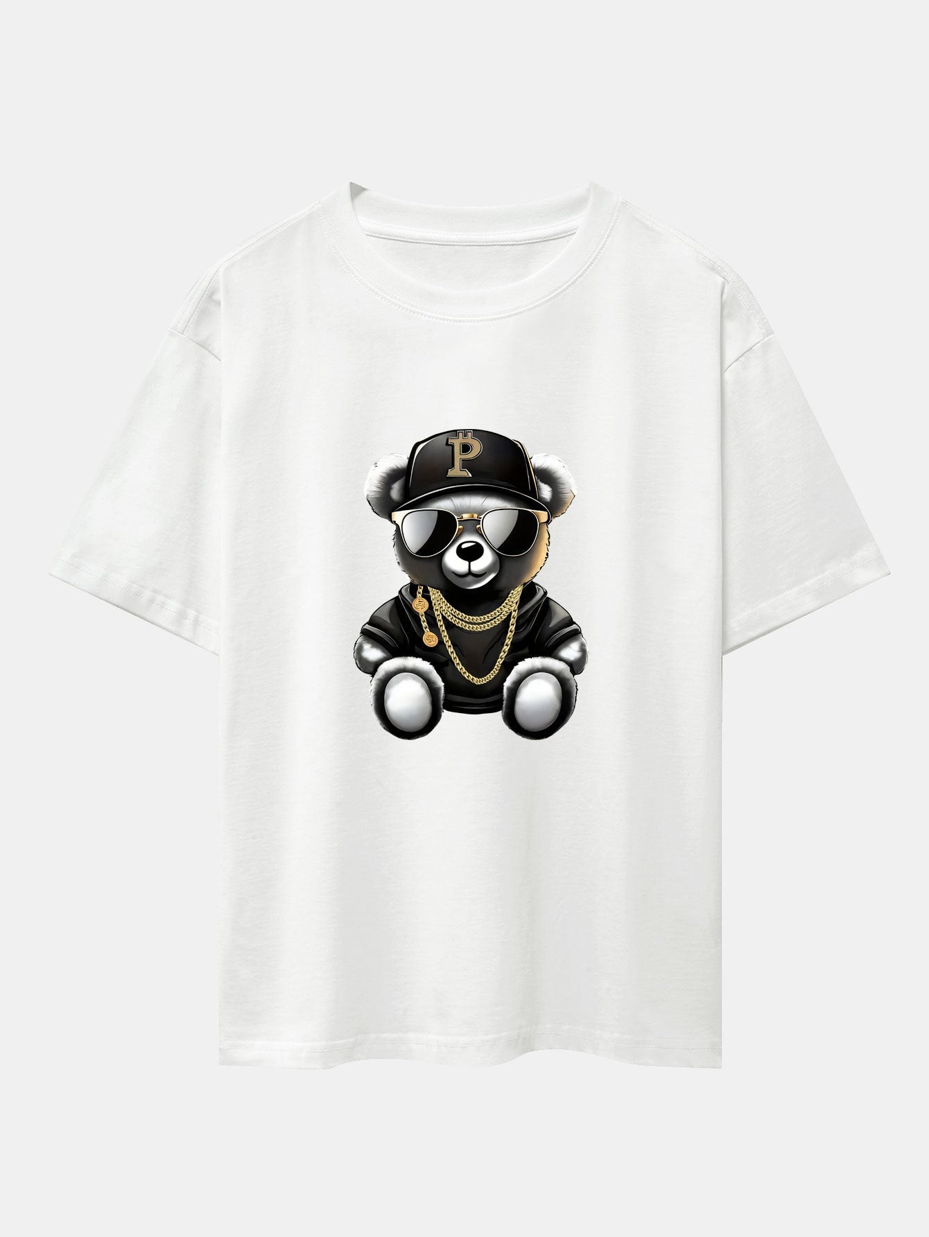 Hip Hop Bear Print Drop Shoulder Oversize T-Shirt & Drawstring Corduroy Shorts