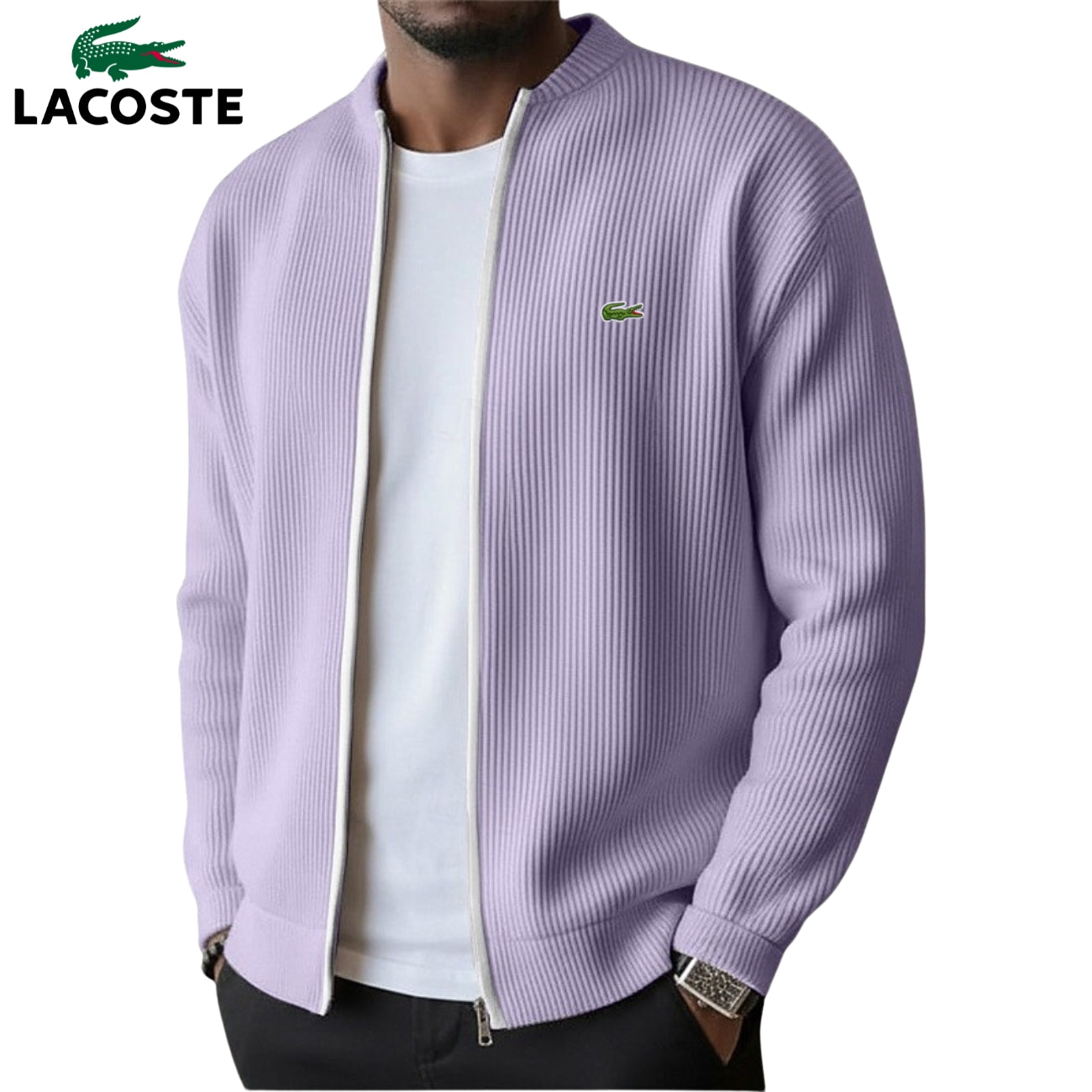 Lacoste — Pull Zippé en Maille Côtelée