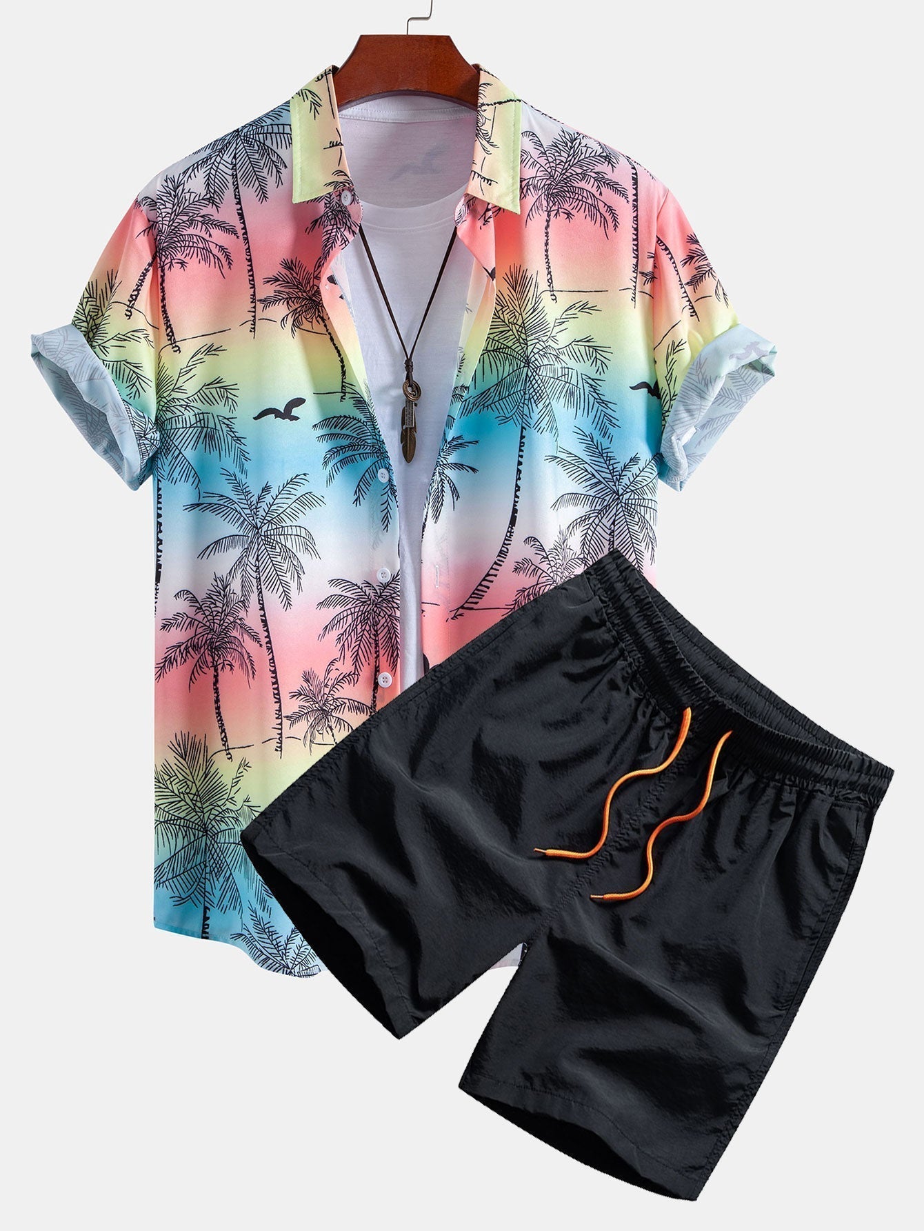 Palm Tree Seagull Print Button Up Shirt & Swim Shorts