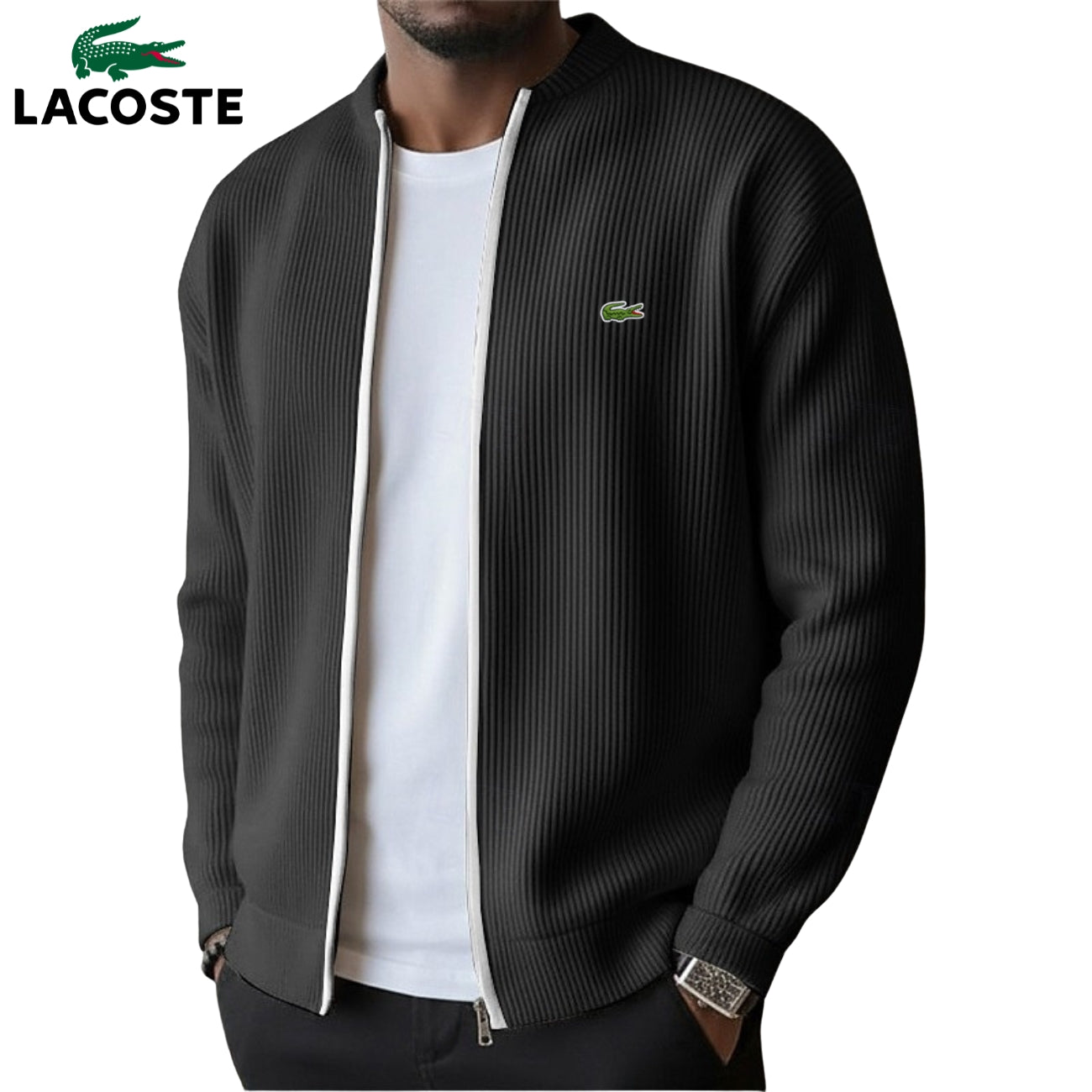 Lacoste — Pull Zippé en Maille Côtelée
