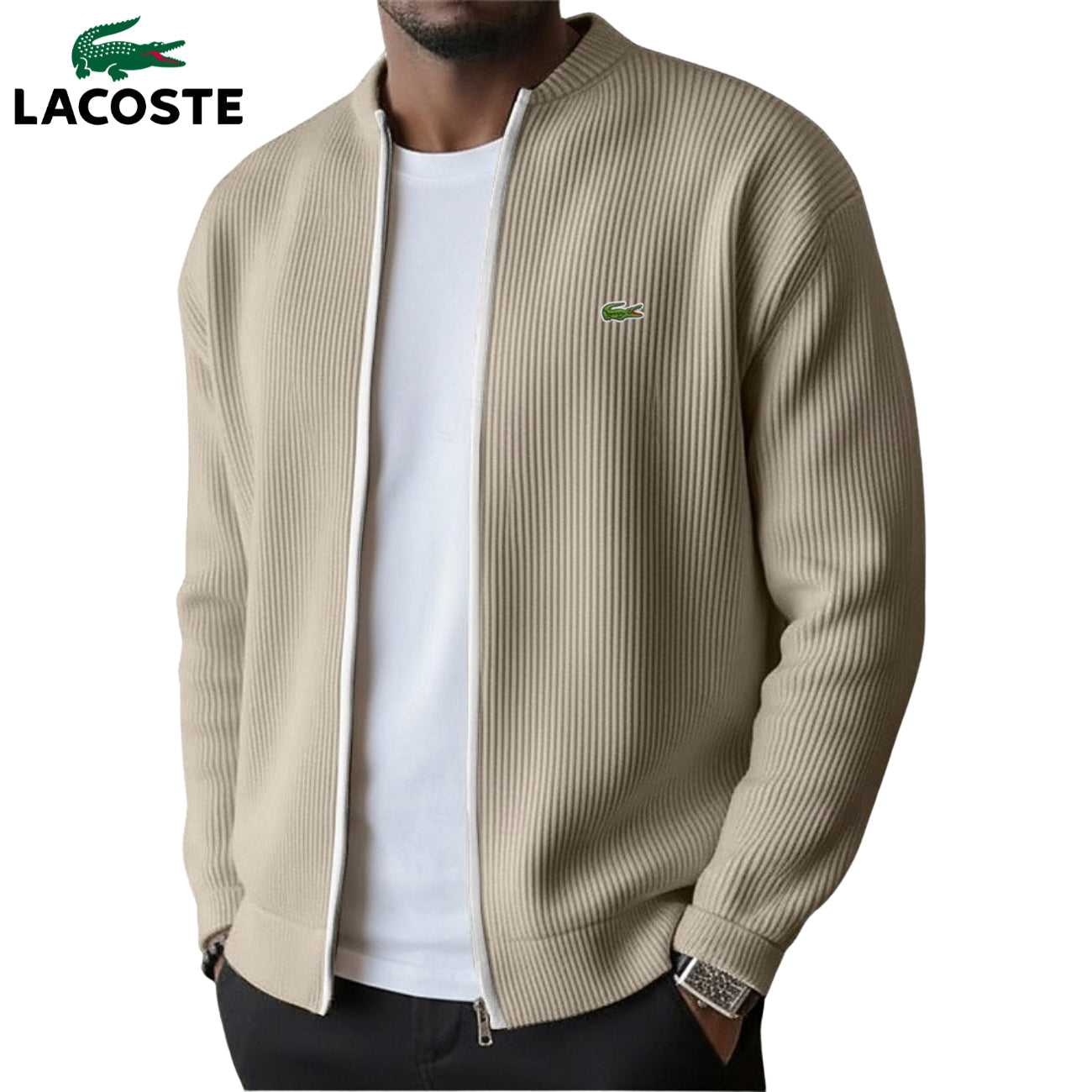 Lacoste — Pull Zippé en Maille Côtelée