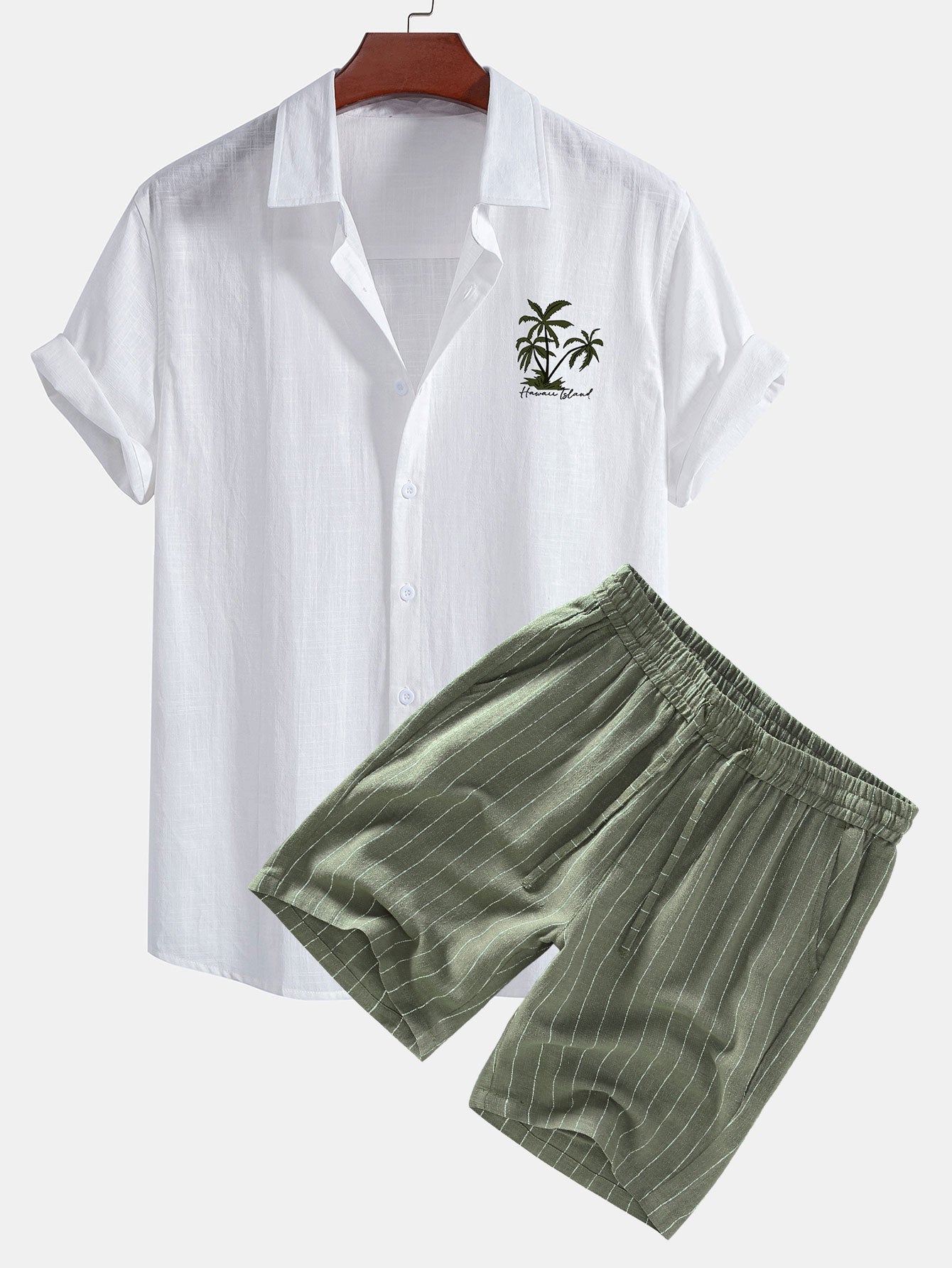 Hawaii Palm Tree Print Linen Look Cotton Button Up Shirt & Linen Cotton Blend Striped Shorts
