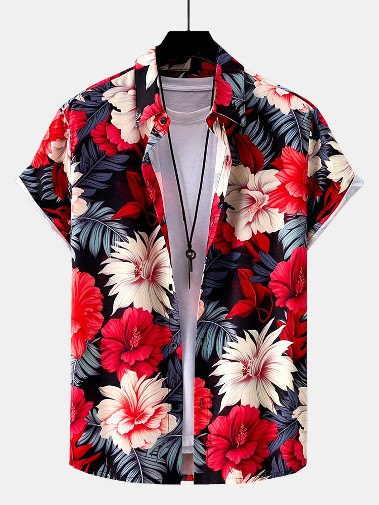 Tropical Flowers Print Button Up Shirt & Swim Shorts