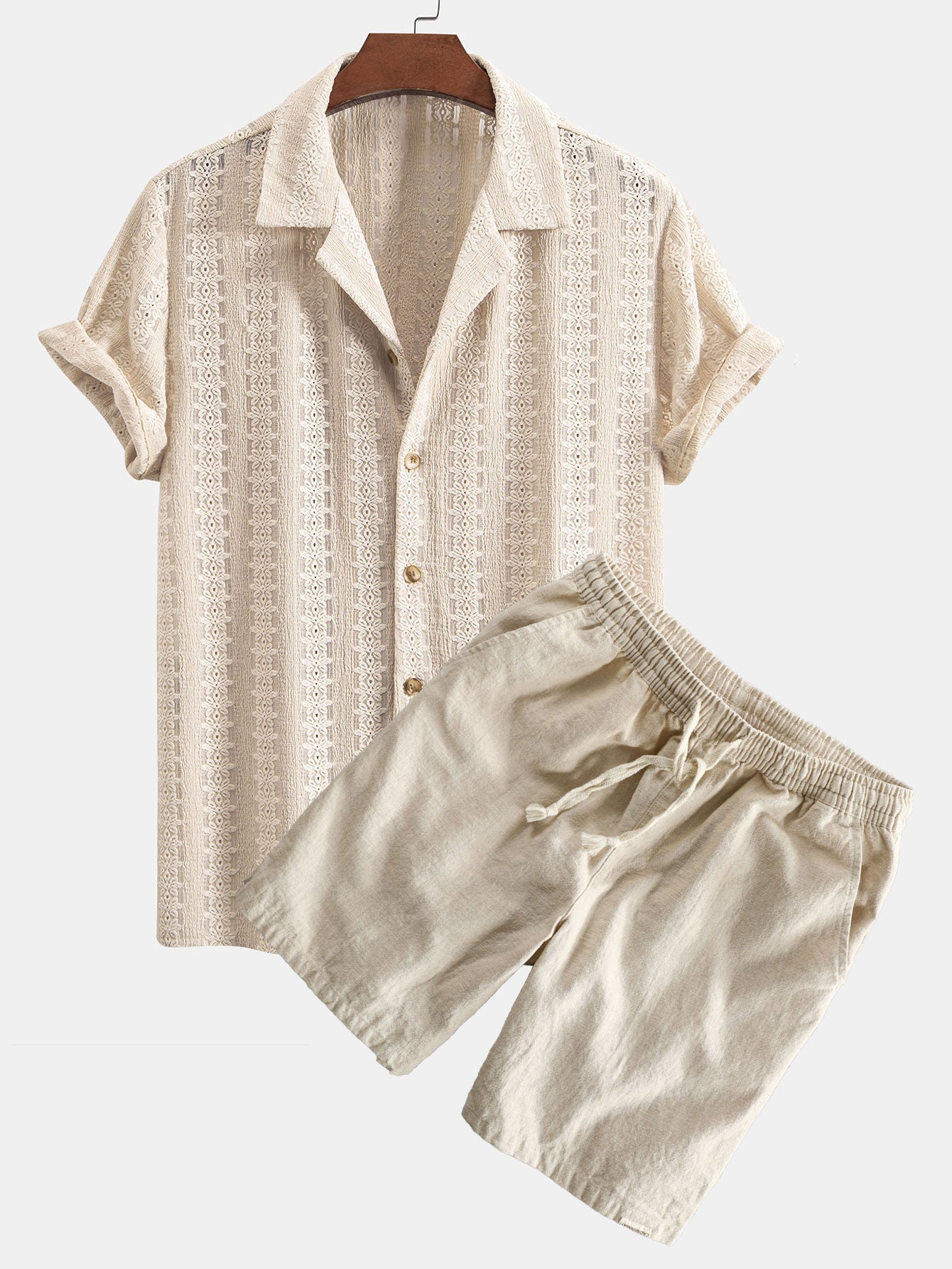 Floral Jacquard Textured Cuban Shirt & Linen Cotton Blend Drawstring Shorts