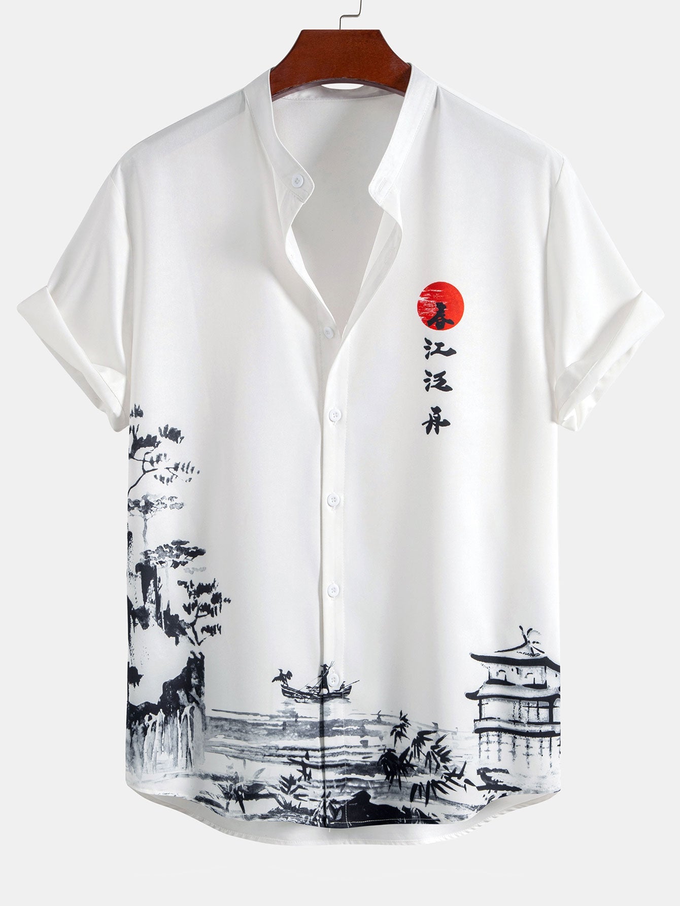 Ink Landscape Painting Stand Collar Shirt & Man Mid Length Drawstring Swim Shorts