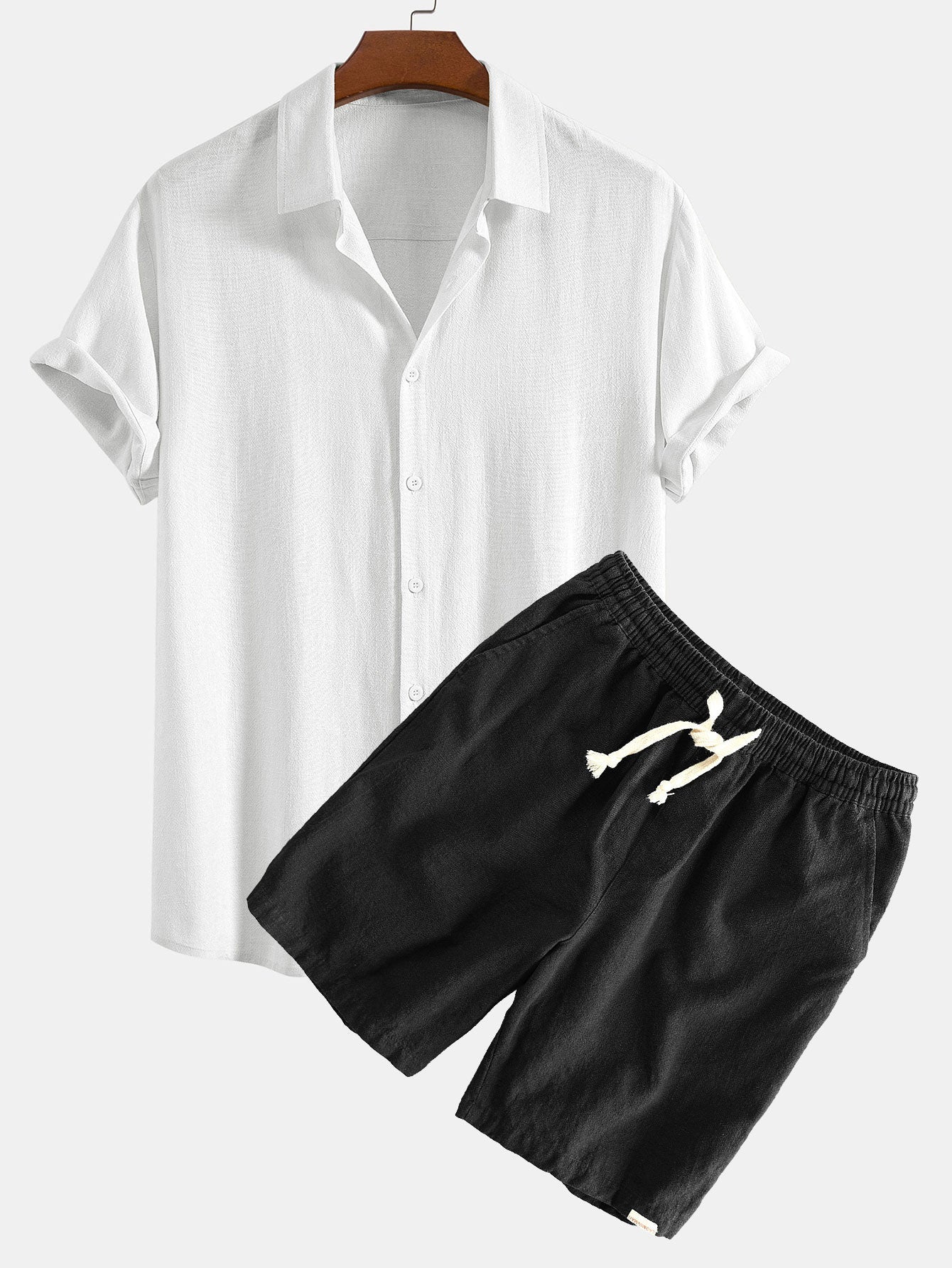Linen Rayon Blend Button Up Shirt & Linen Cotton Blend Drawstring Shorts