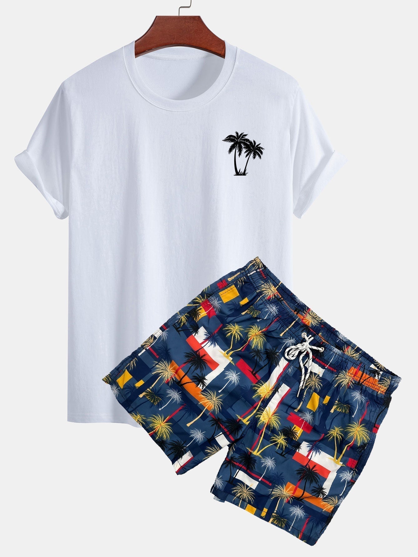Regular Fit Palm Tree Print Cotton T-Shirt & Palm Tree Color Block Print Swim Shorts
