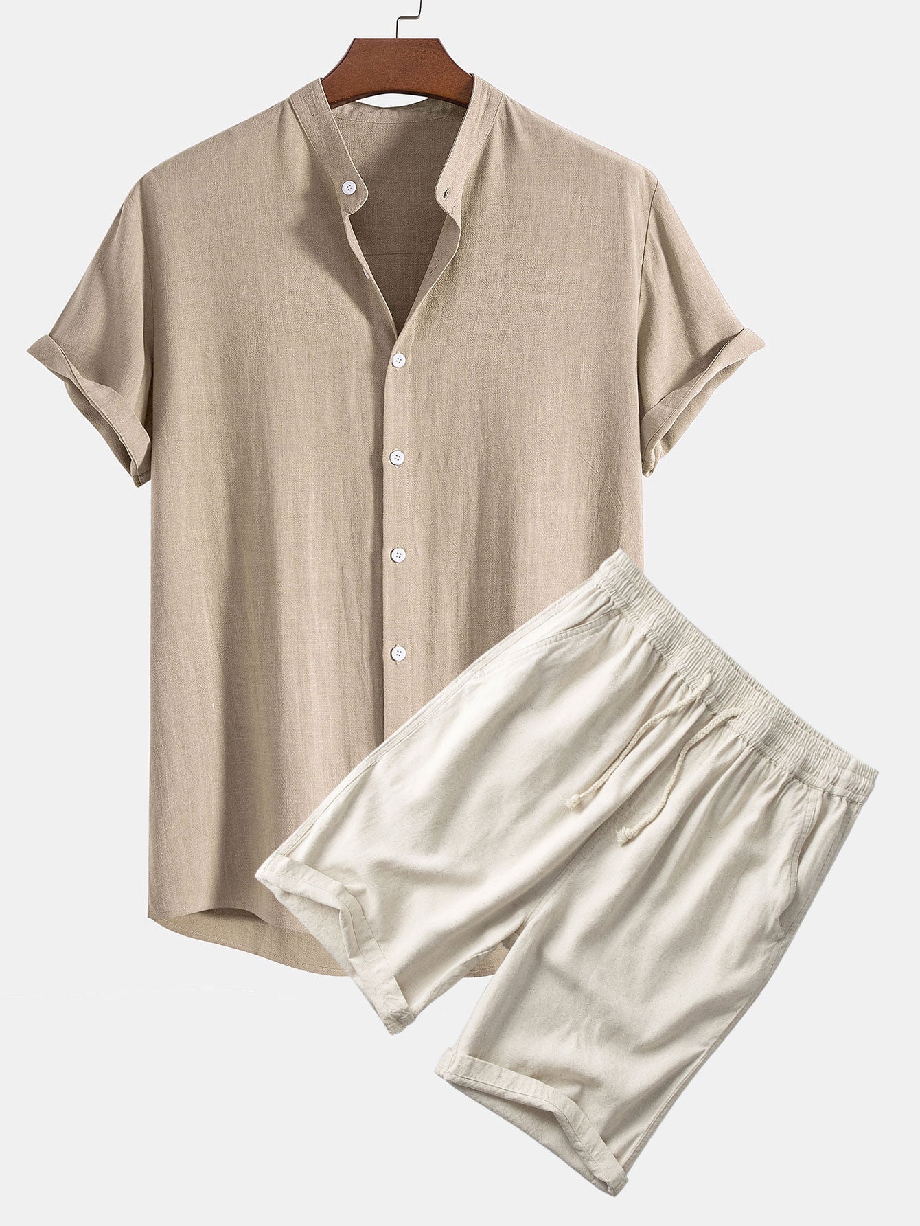 Linen And Rayon Blend Stand Collar Shirt & Linen Cotton Blend 11" Shorts