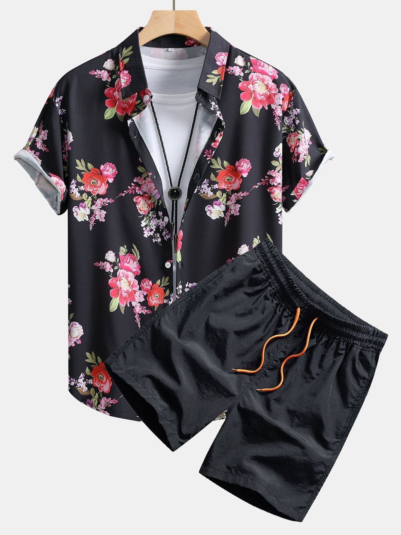 Floral Paint Button Up Shirt & Man Mid Length Drawstring Swim Shorts