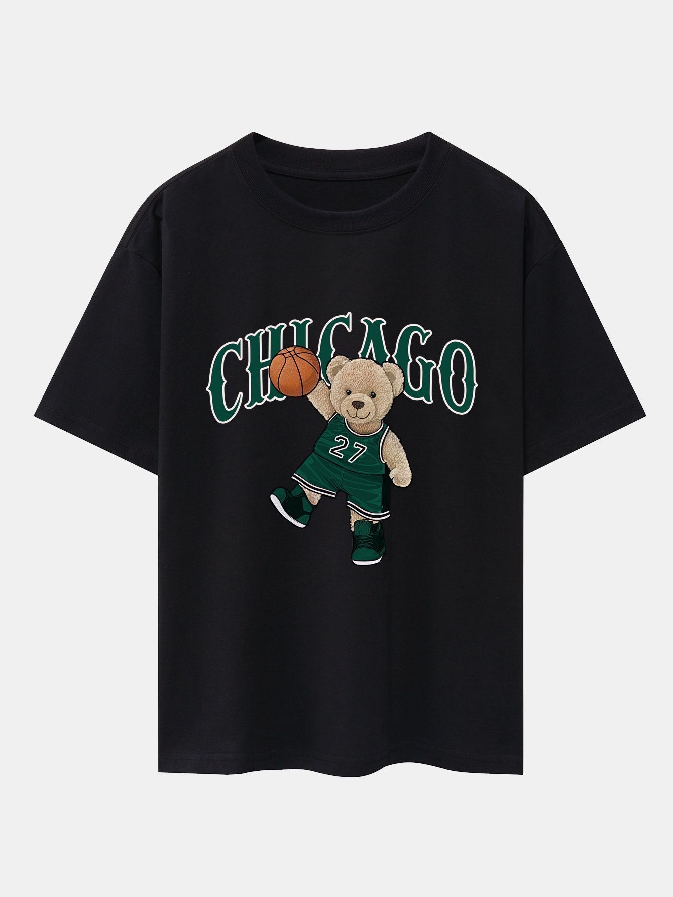 Chicago Basketball Bear Print Drop Shoulder Oversize T-Shirt & Drawstring Corduroy Shorts
