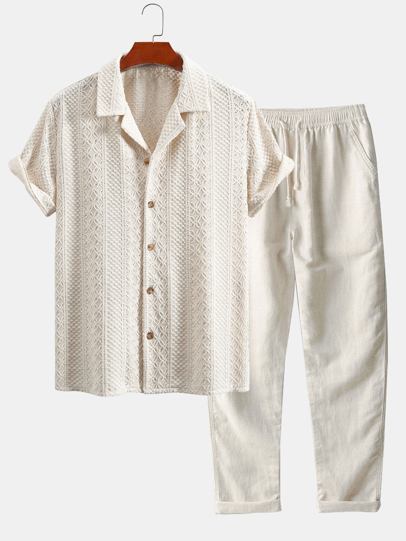 Floral Checkerboard Jacquard Cuban Shirt & Straight Leg Linen Pants