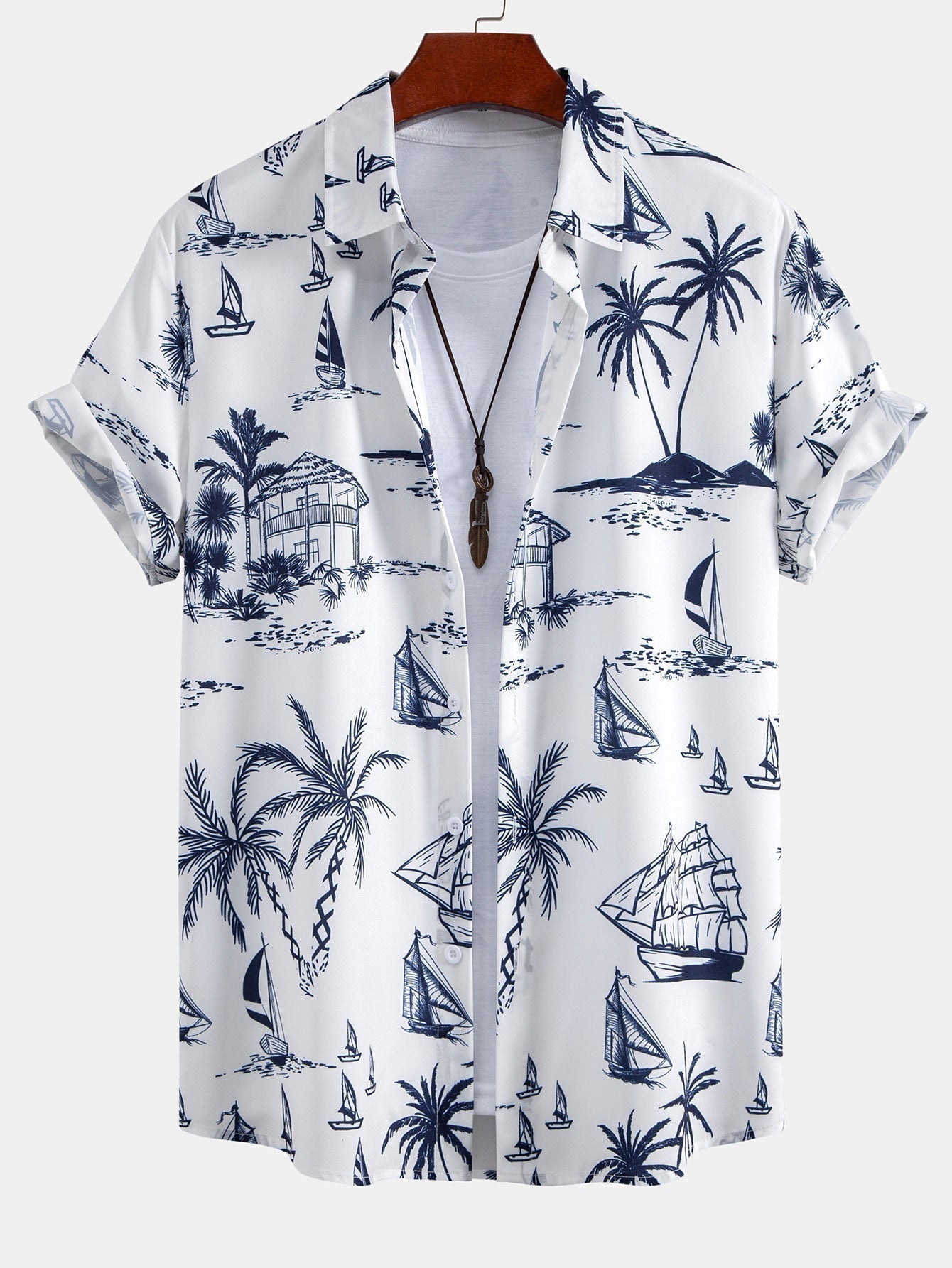 Island Sailing Print Button Up Shirt & Vertical Striped Drawstring Swim Shorts