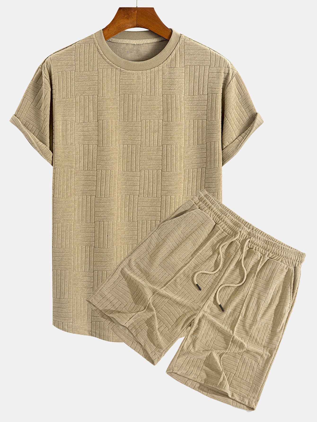 Striped Towelling Texture Arc Hem T-Shirt & Shorts