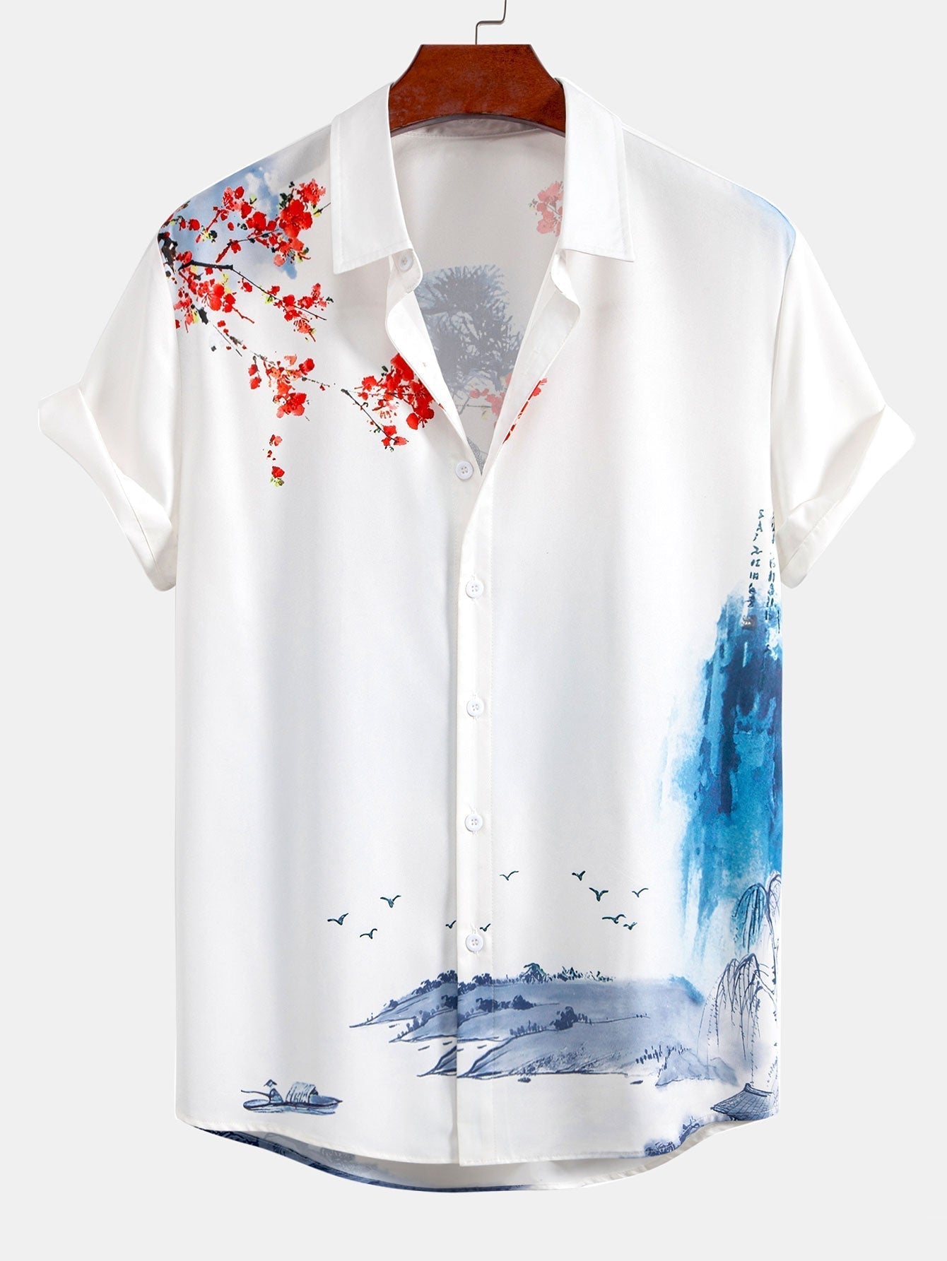 Oriental Ink Painting Button Up Shirt & Man Mid Length Drawstring Swim Shorts