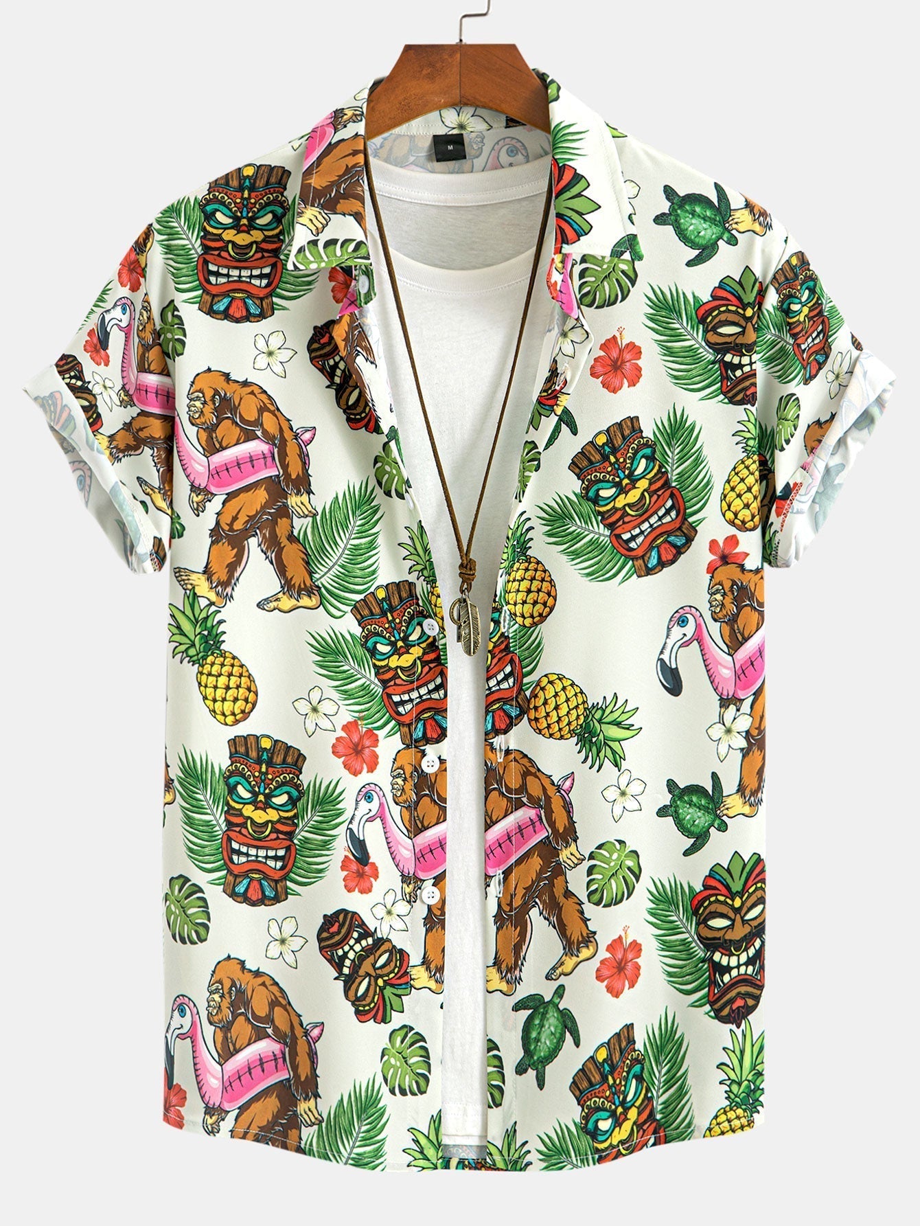 Tropical Tiki Bigfoot Print Button Up Shirt & Man Mid Length Drawstring Swim Shorts