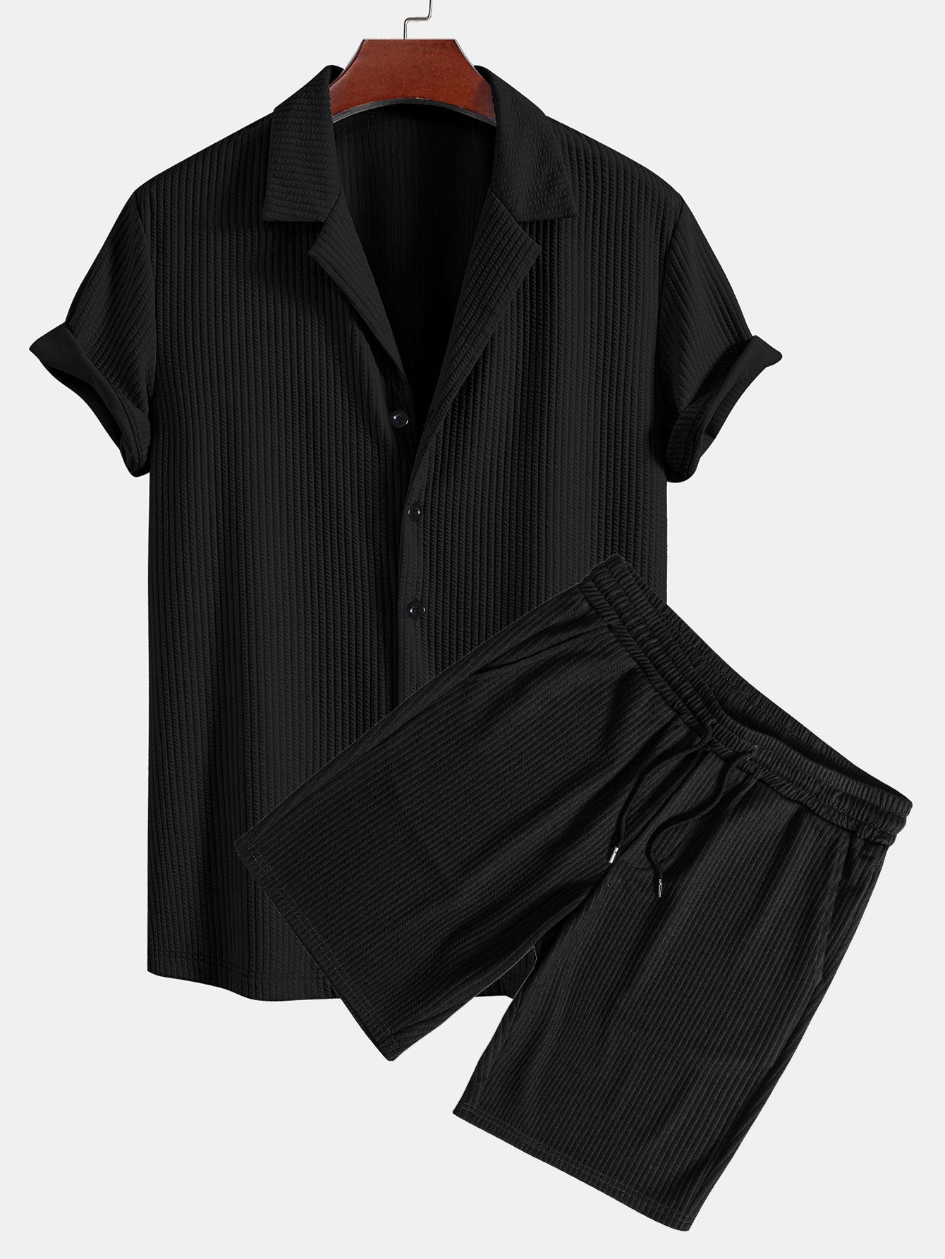 Muscle Fit Ribbed Deep Cuban Shirt & Drawstring Ribbed Shorts