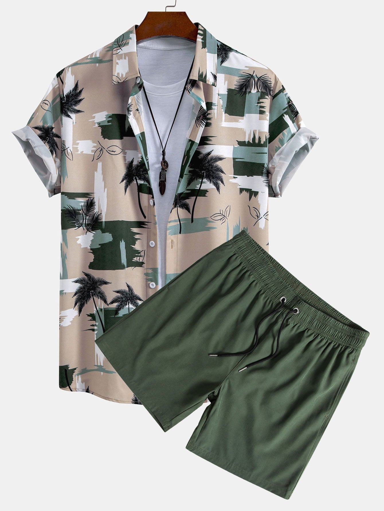 Palm Tree Color Block Print Button Up Shirt & Swim Shorts