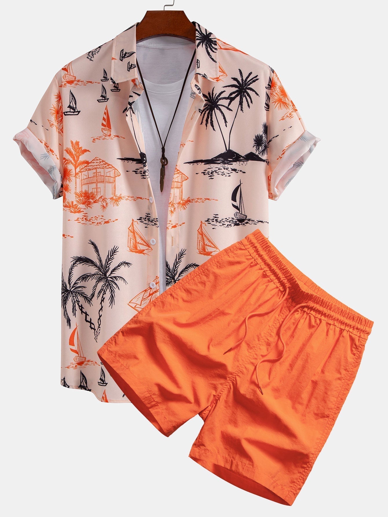 Island Print Button Up Shirt & Drawstring Swim Shorts