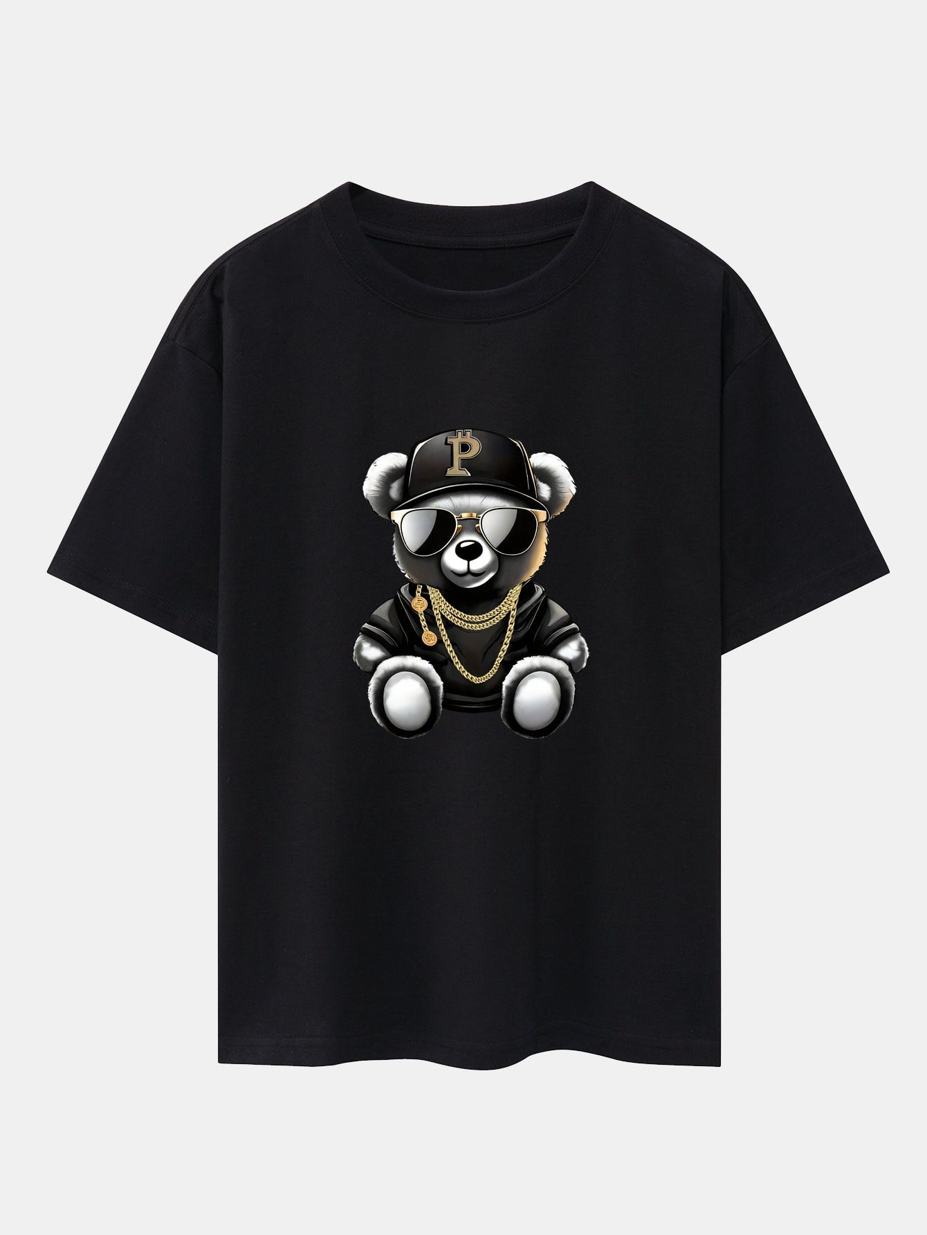 Hip Hop Bear Print Drop Shoulder Oversize T-Shirt & Drawstring Corduroy Shorts