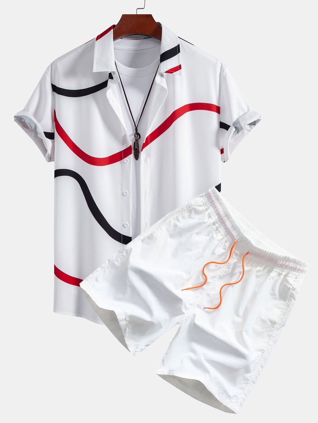 Line Print Button Up Shirt & Swim Shorts