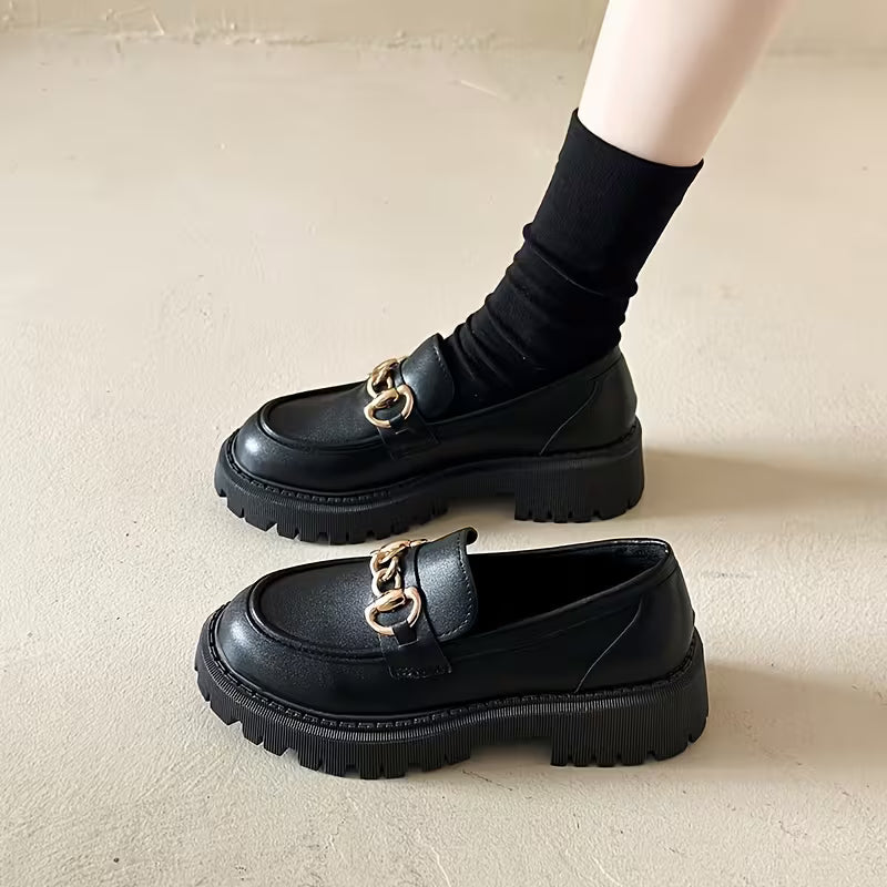 Mocassin Plateforme — Noir / Semelle épaisse / Sans lacets avec talon carré