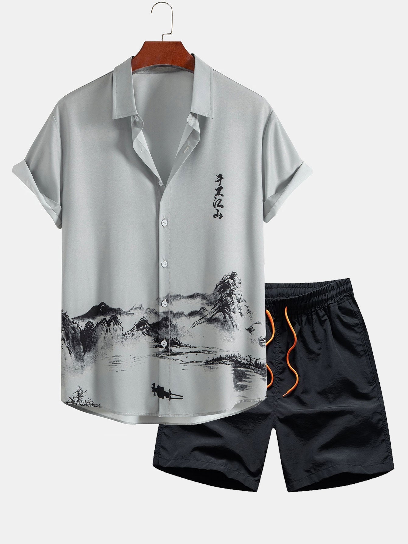Ink Mountain And River Shirt & Man Mid Length Drawstring Swim Shorts