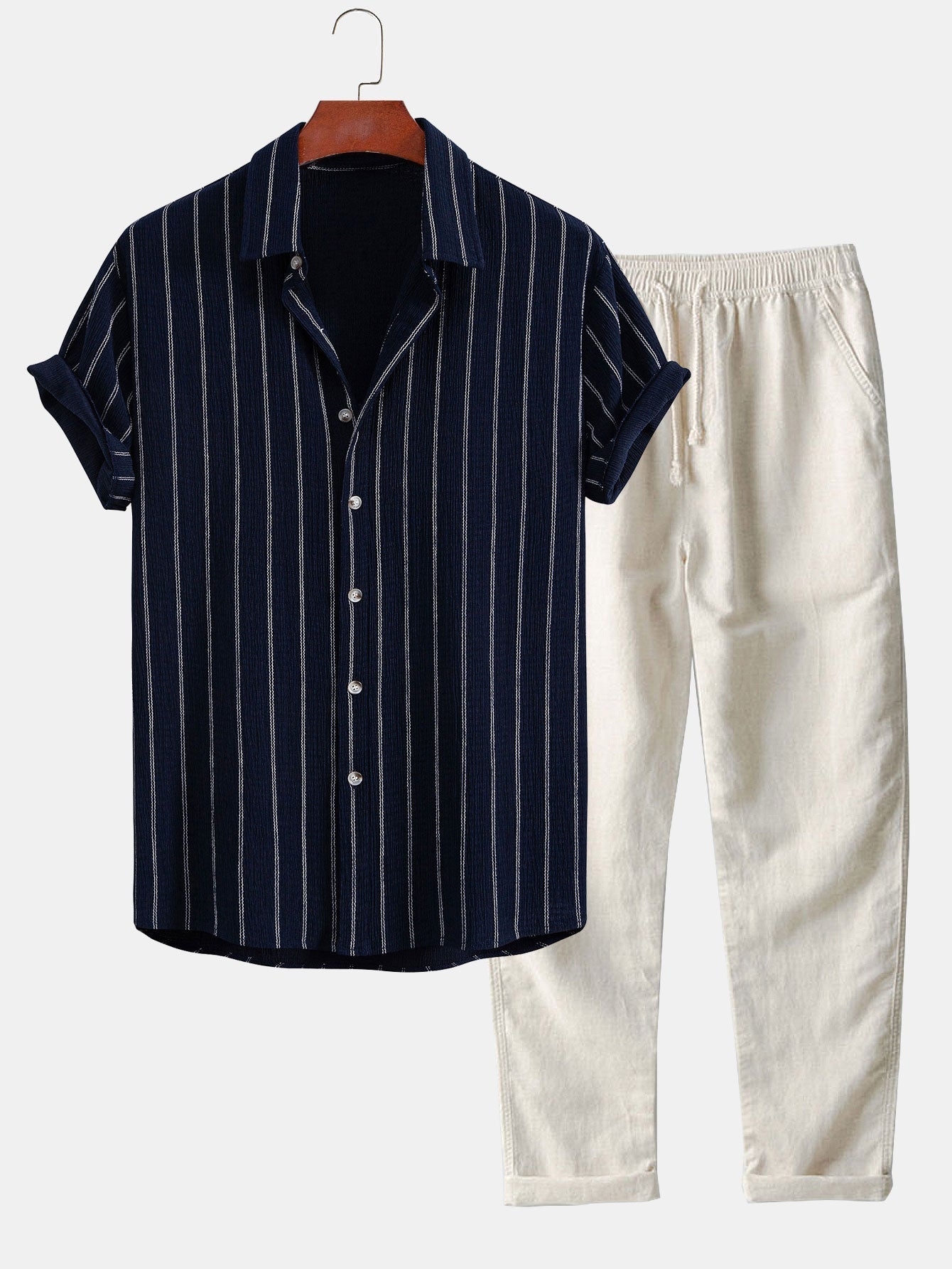 Stripe Textured Button Up Shirt & Straight Leg Linen Pants