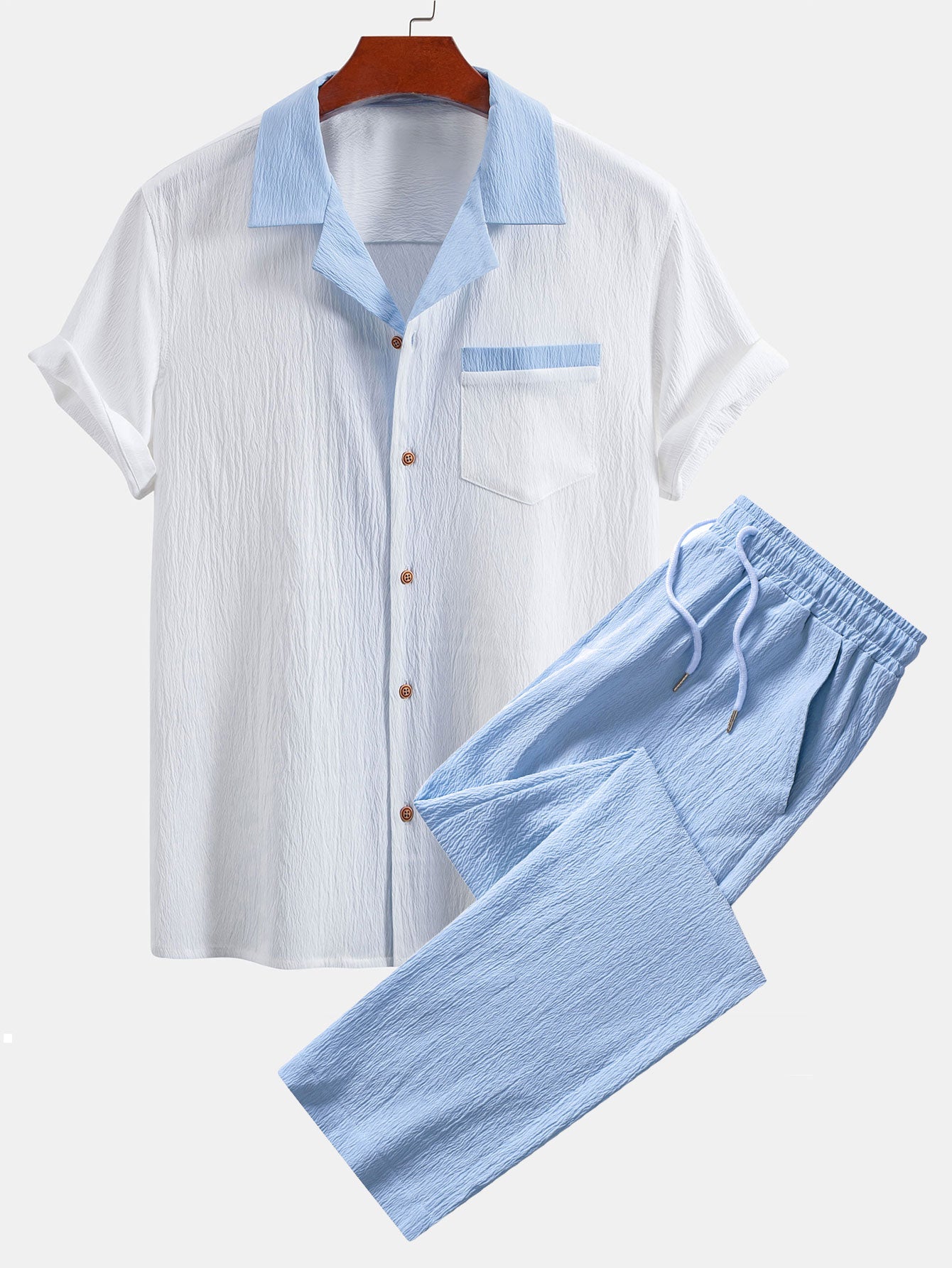 Textured Contrast Cuban Shirt & Straight Leg Pants