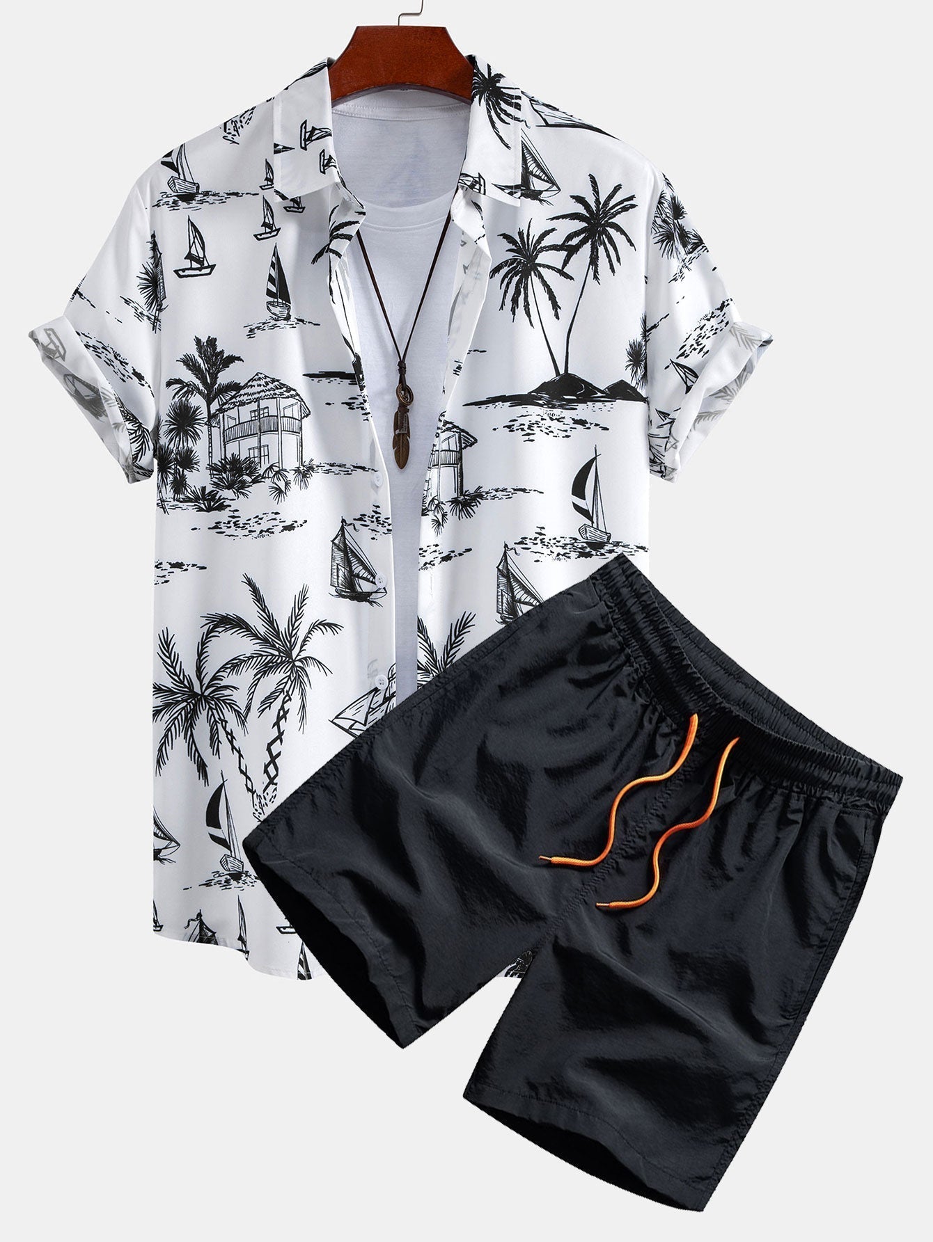 Island Sailing Print Button Up Shirt & Swim Shorts