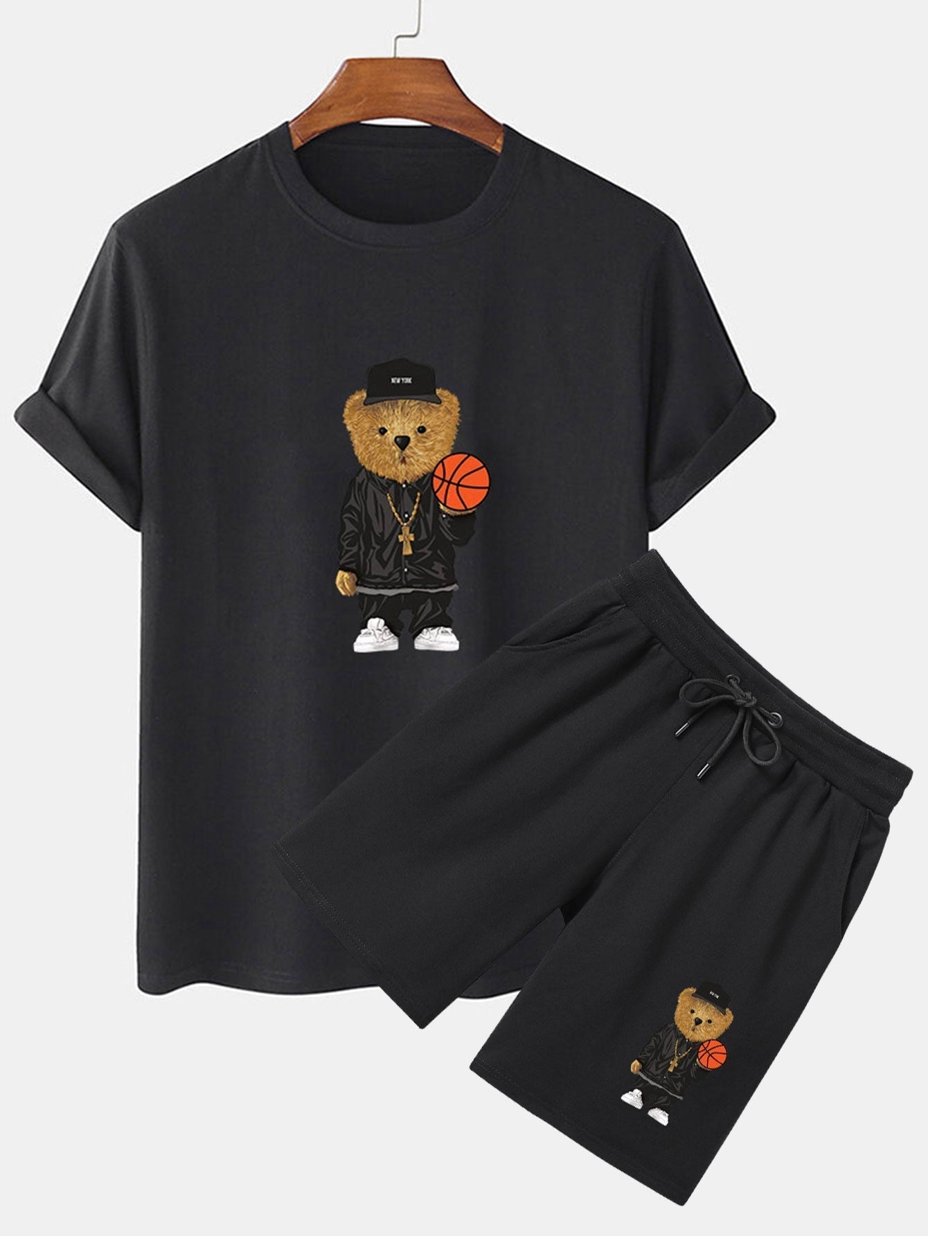 Basketball Bear Print T-Shirt & Shorts