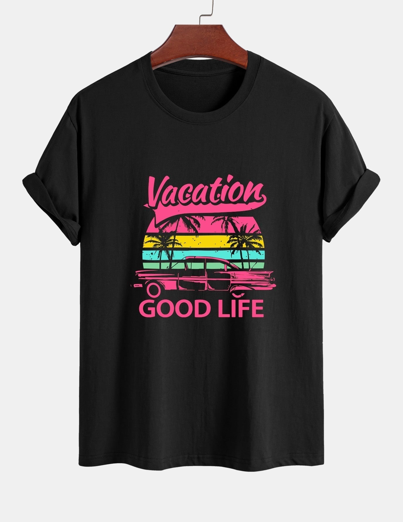 Regular Fit Good Life On Vacation Print Cotton T-Shirt & Contrast Waistband Swim Shorts