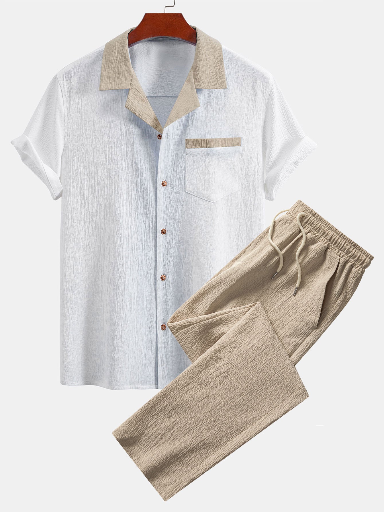 Textured Contrast Cuban Shirt & Straight Leg Pants