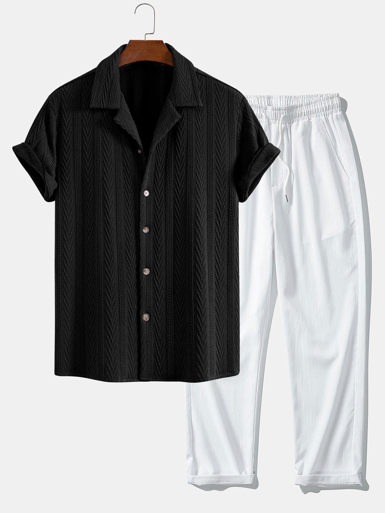 Texture Jacquard Cuban Shirt & Wrinkle Textured Straight Leg Pants
