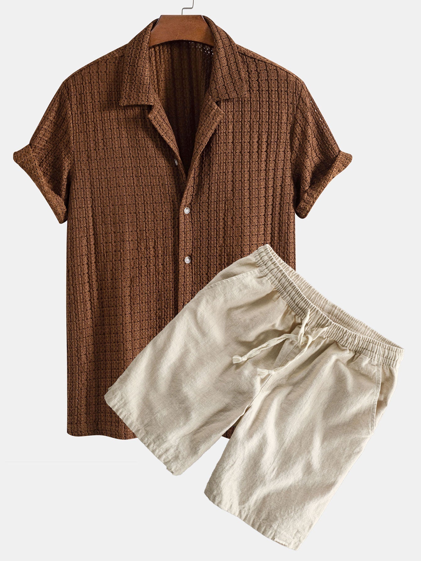 Texture Jacquard Cuban Shirt & Linen Cotton Blend Drawstring Shorts