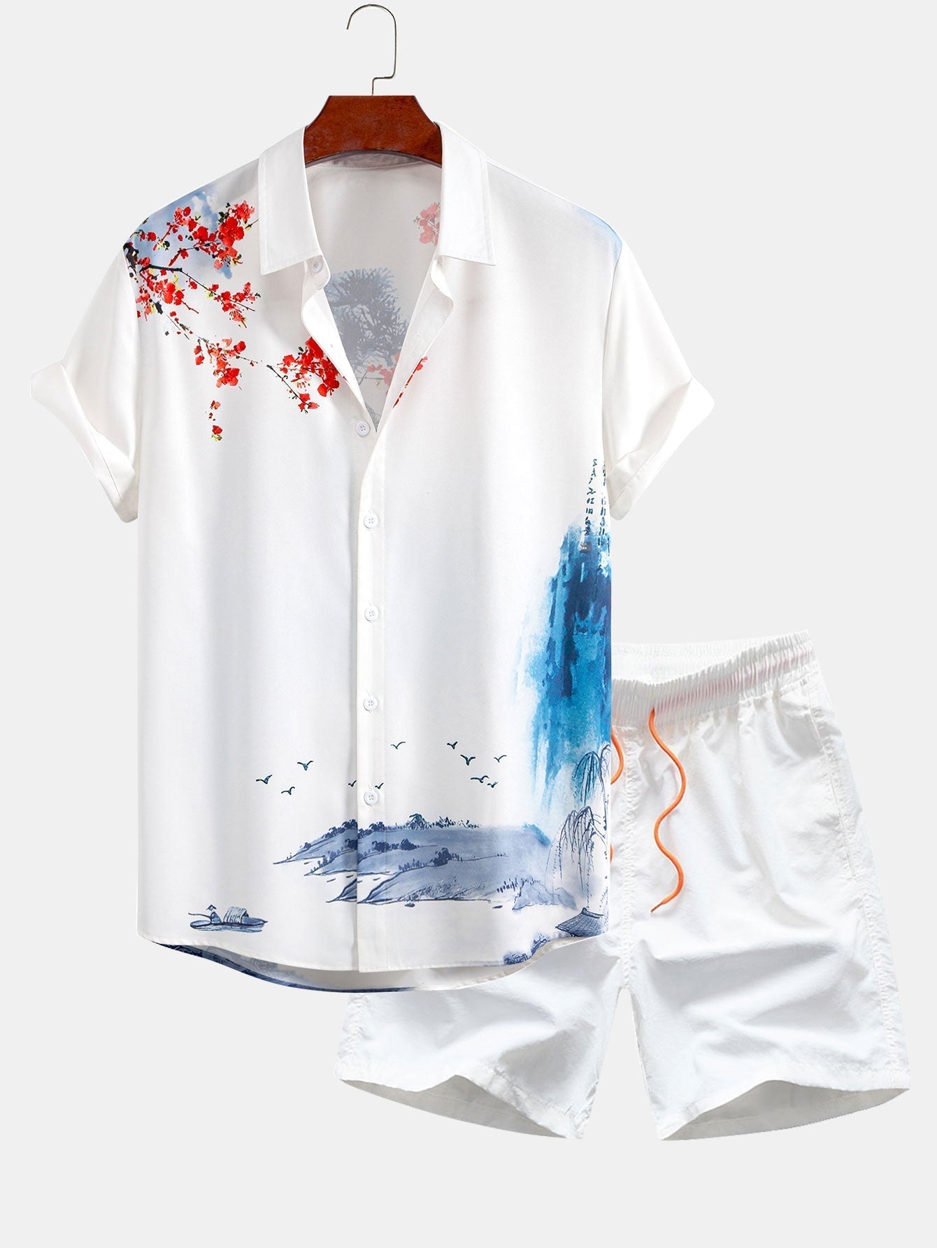 Oriental Ink Painting Button Up Shirt & Man Mid Length Drawstring Swim Shorts