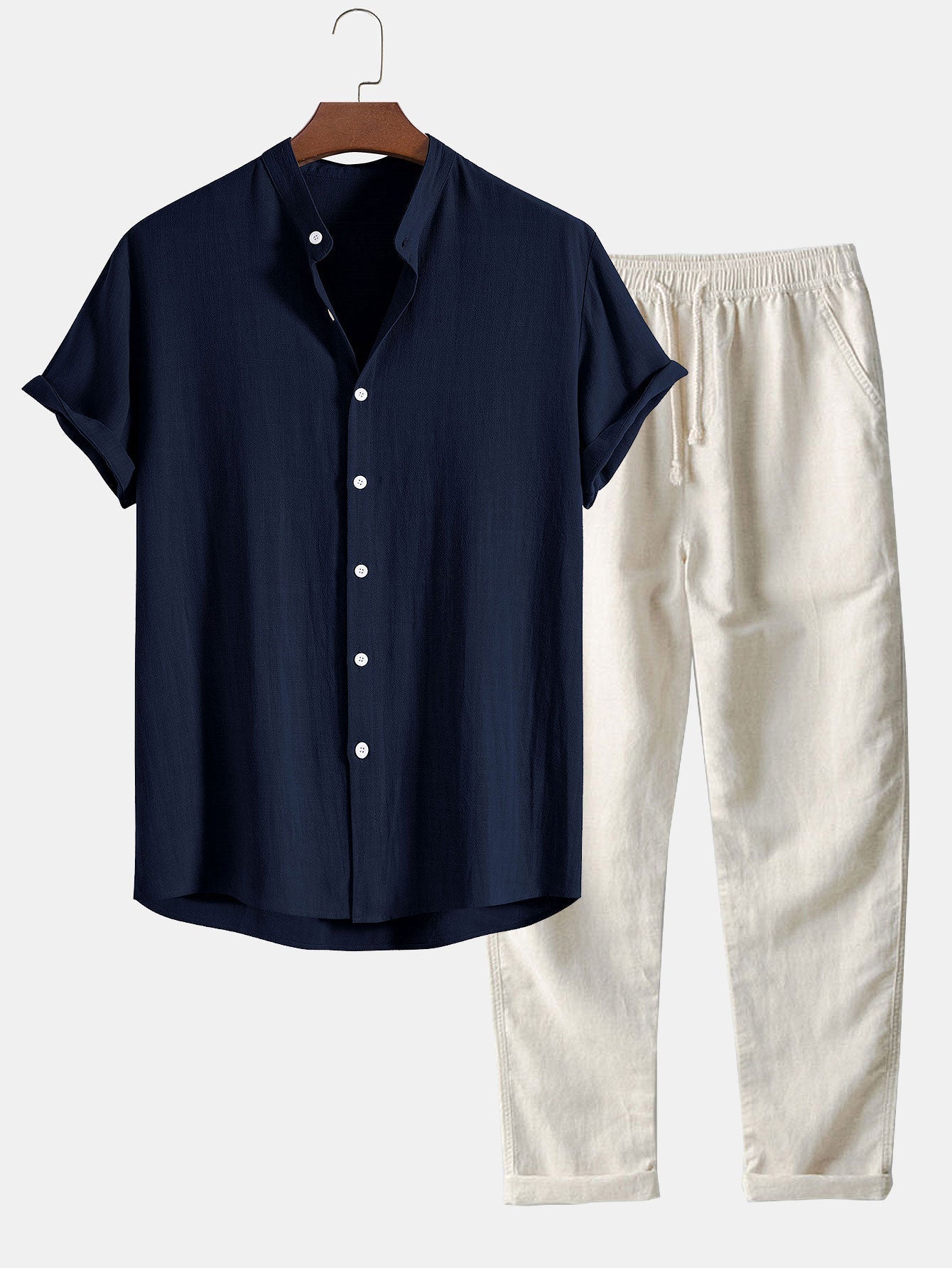 Linen And Rayon Blend Stand Collar Shirt & Straight Leg Linen Pants