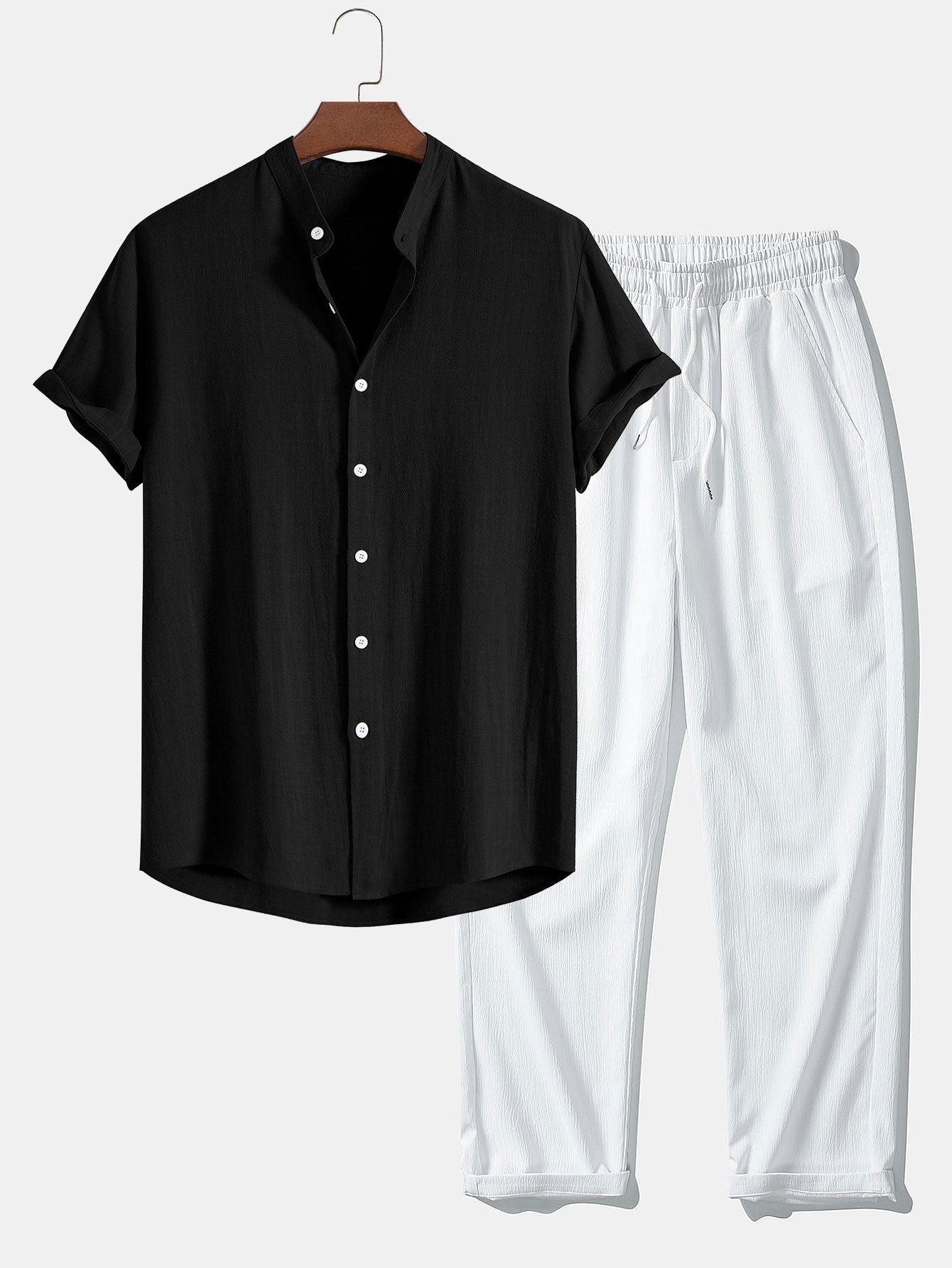 Linen And Rayon Blend Stand Collar Shirt & Wrinkle Textured Straight Leg Pants