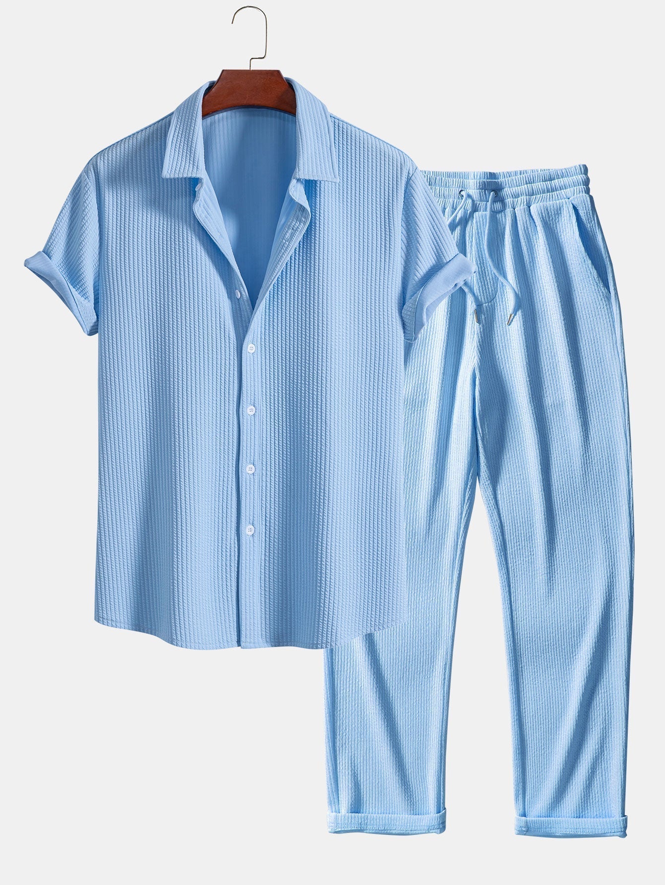 Muscle Fit Ribbed Button Up Shirt & Straight Leg Ribbed Pants