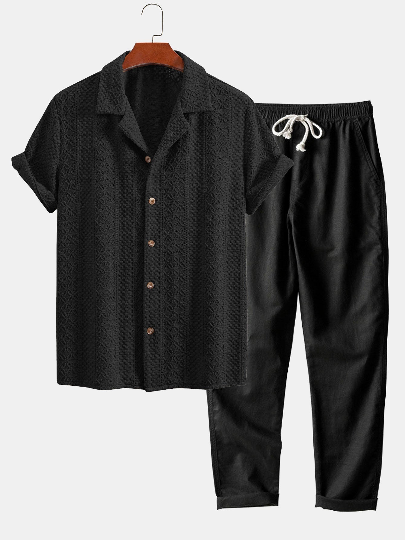 Floral Checkerboard Jacquard Cuban Shirt & Straight Leg Linen Pants