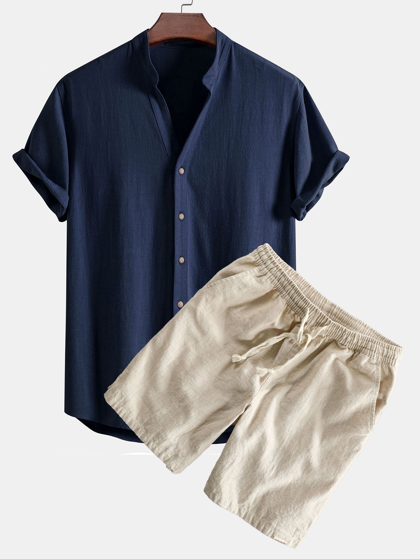 Short Sleeve V Neck Linen Rayon Blend Shirt & Linen Cotton Blend Drawstring Shorts