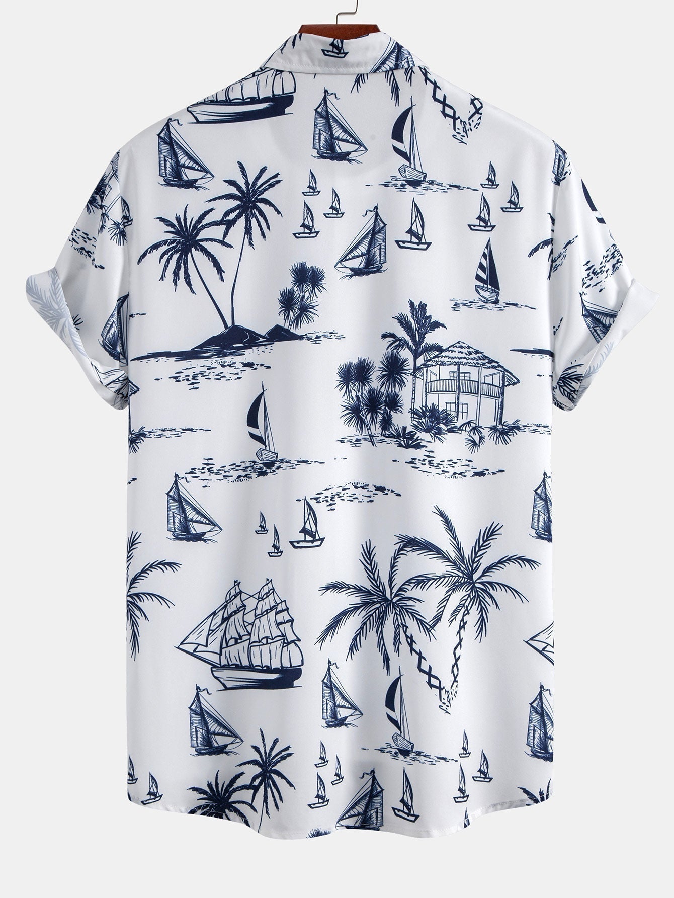 Island Sailing Print Button Up Shirt & Striped Print Swim Shorts