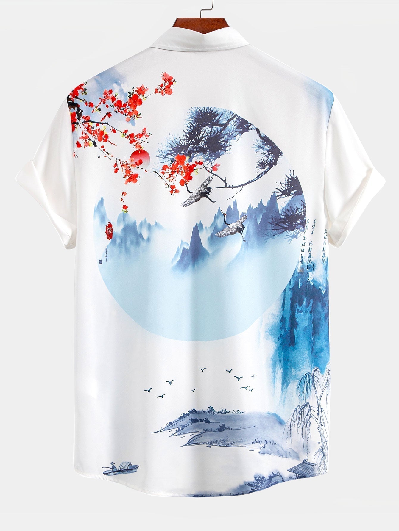 Oriental Ink Painting Button Up Shirt & Man Mid Length Drawstring Swim Shorts