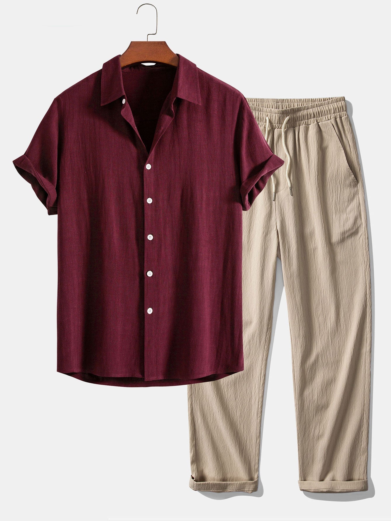 Linen Rayon Blend Button Up Shirt & Wrinkle Textured Straight Leg Pants